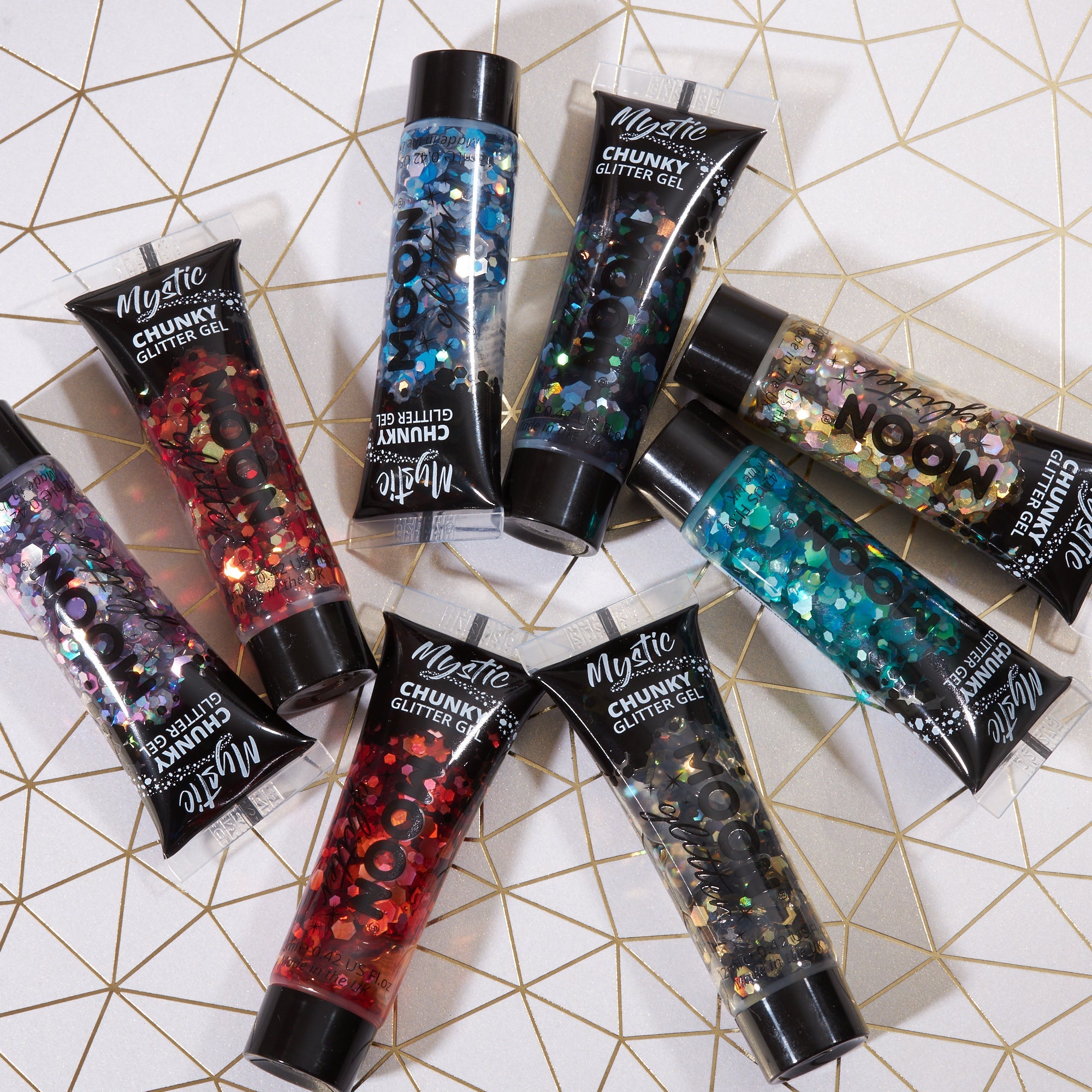 Mystic Chunky Face & Body Glitter Gel. Cosmetically certified, FDA & Health Canada compliant, cruelty free and vegan.