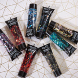 Mystic Chunky Face & Body Glitter Gel. Cosmetically certified, FDA & Health Canada compliant, cruelty free and vegan.
