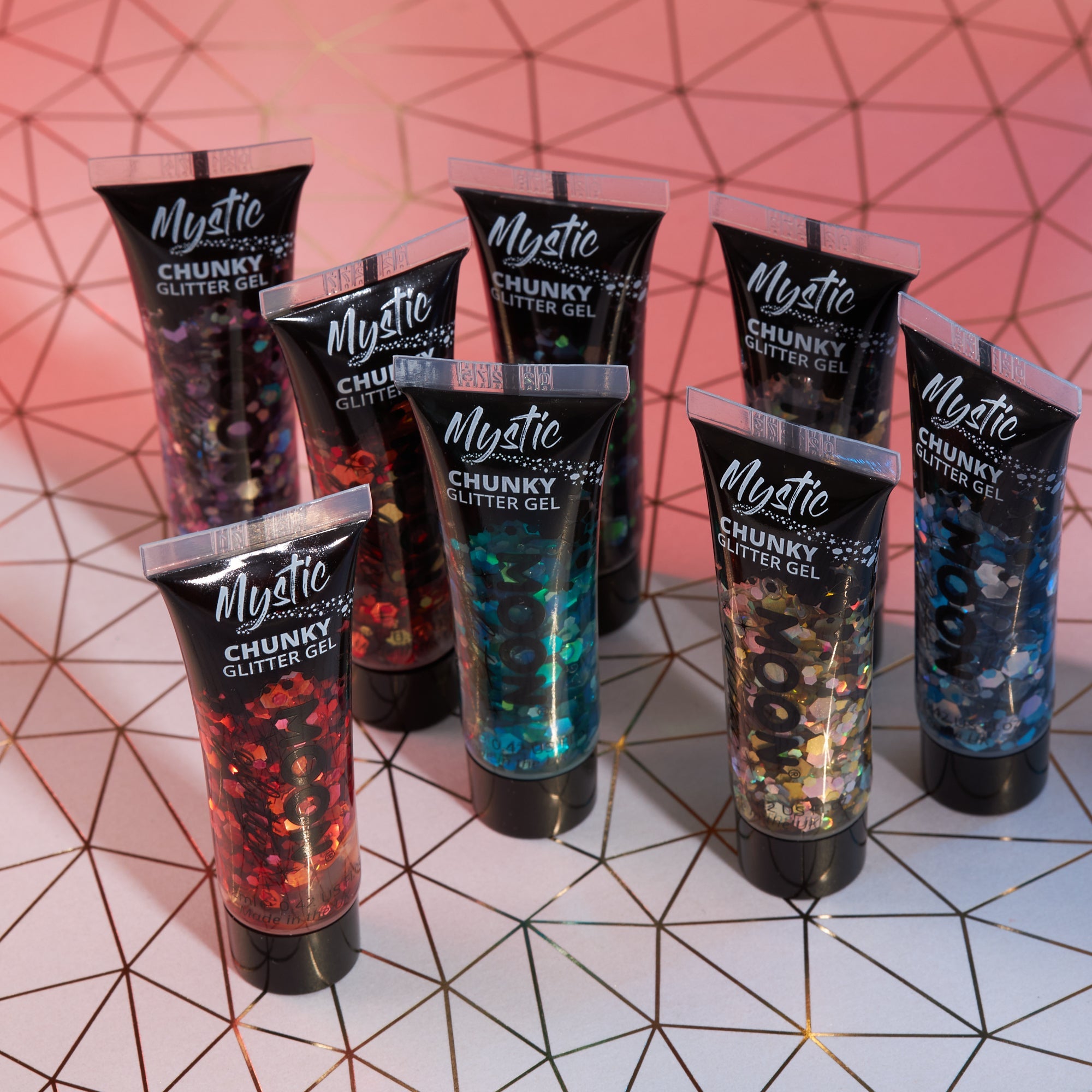 Mystic Chunky Face & Body Glitter Gel. Cosmetically certified, FDA & Health Canada compliant, cruelty free and vegan.