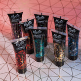 Mystic Chunky Face & Body Glitter Gel. Cosmetically certified, FDA & Health Canada compliant, cruelty free and vegan.