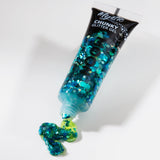 Mystic Chunky Face & Body Glitter Gel. Cosmetically certified, FDA & Health Canada compliant, cruelty free and vegan.