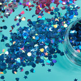 Holographic Face & Body Glitter Shapes. Cosmetically certified, FDA & Health Canada compliant, cruelty free and vegan.