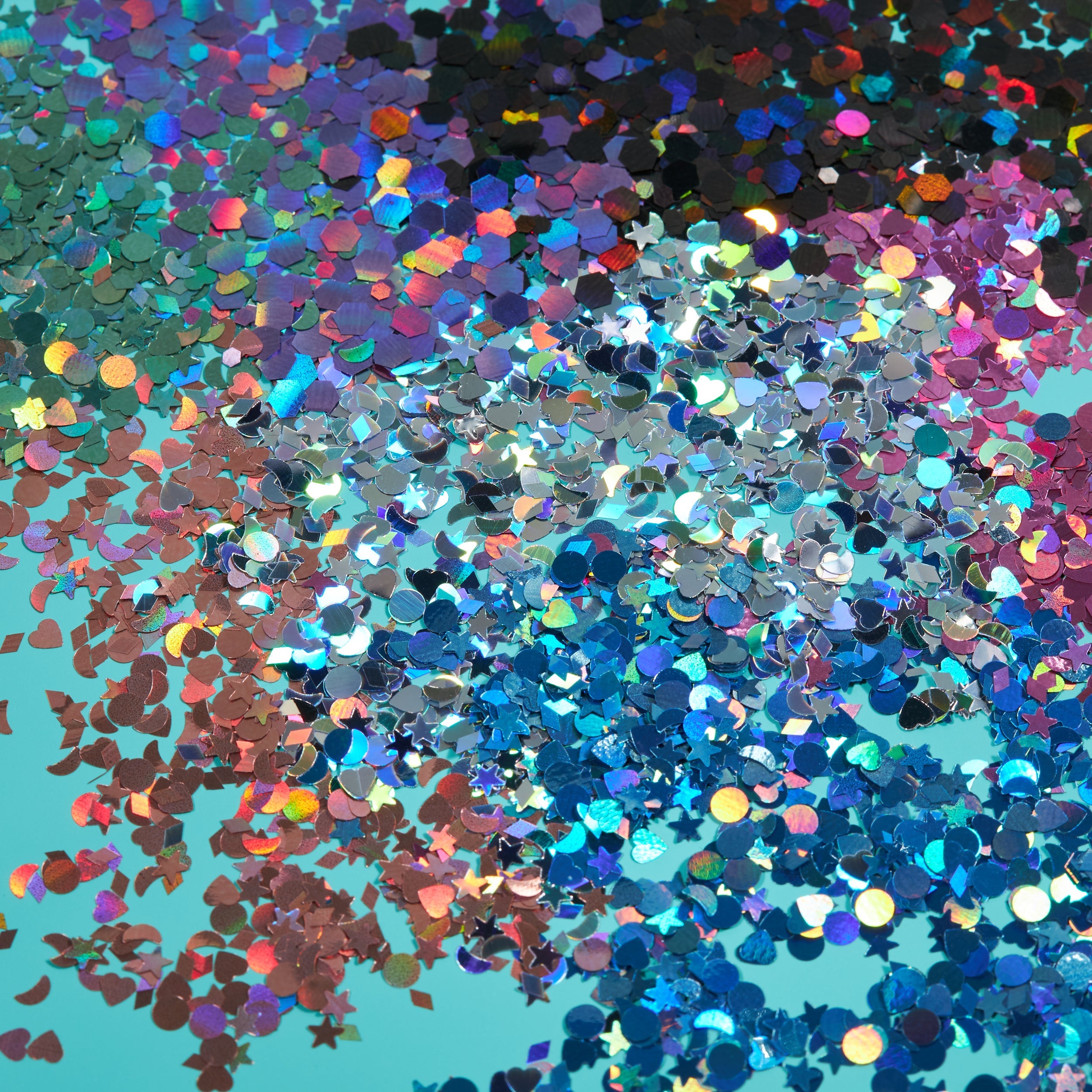 Holographic Face & Body Glitter Shapes. Cosmetically certified, FDA & Health Canada compliant, cruelty free and vegan.