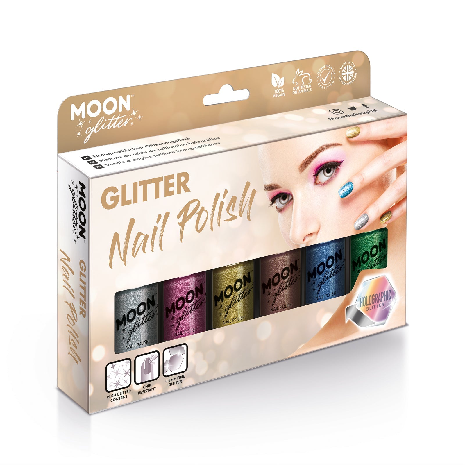 Holographic Glitter Nail Polish Boxset - 6 nail polish bottles. Cosmetically certified, FDA & Health Canada compliant, cruelty free and vegan.
