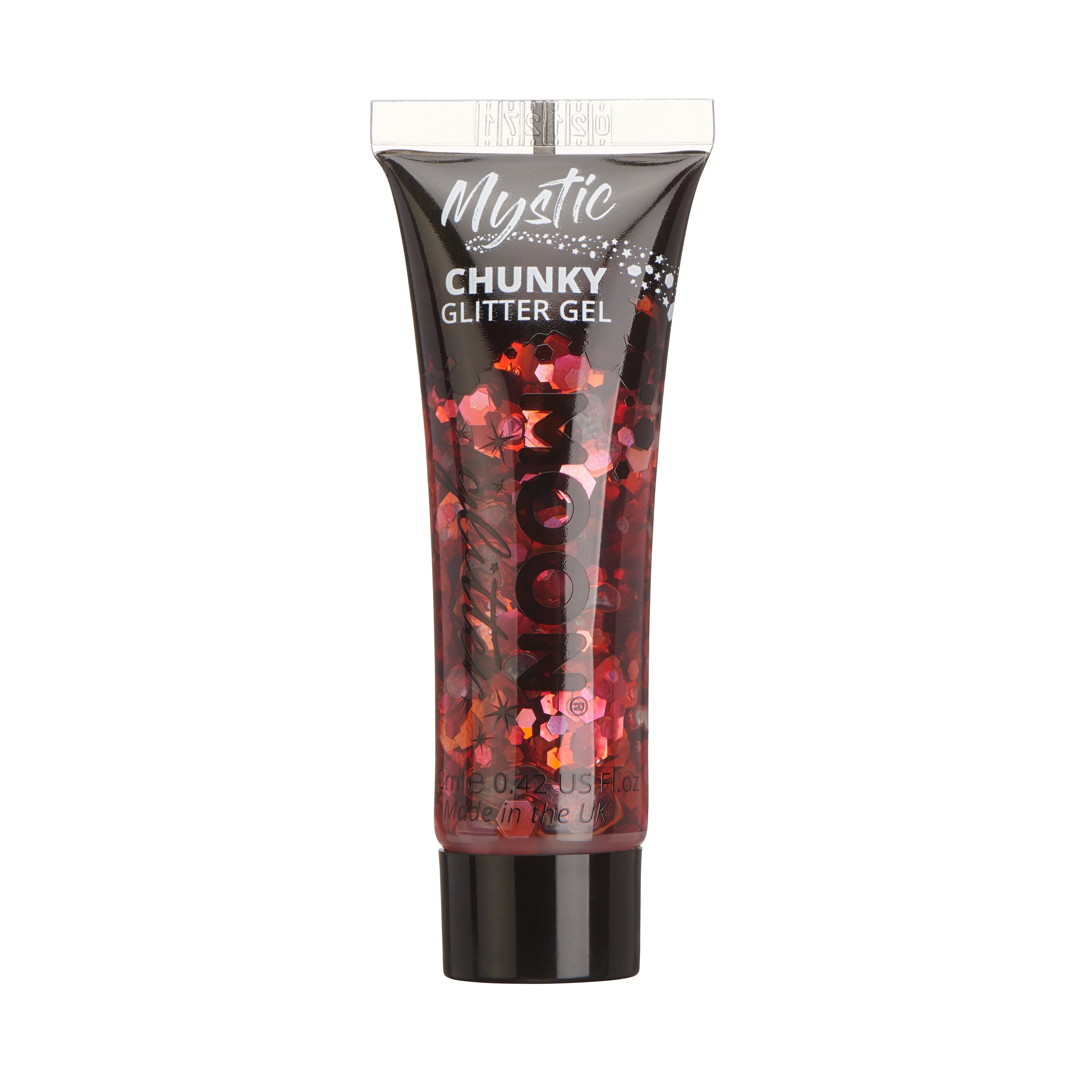 Valentines - Mystic Chunky Face & Body Glitter Gel, 12mL. Cosmetically certified, FDA & Health Canada compliant, cruelty free and vegan.