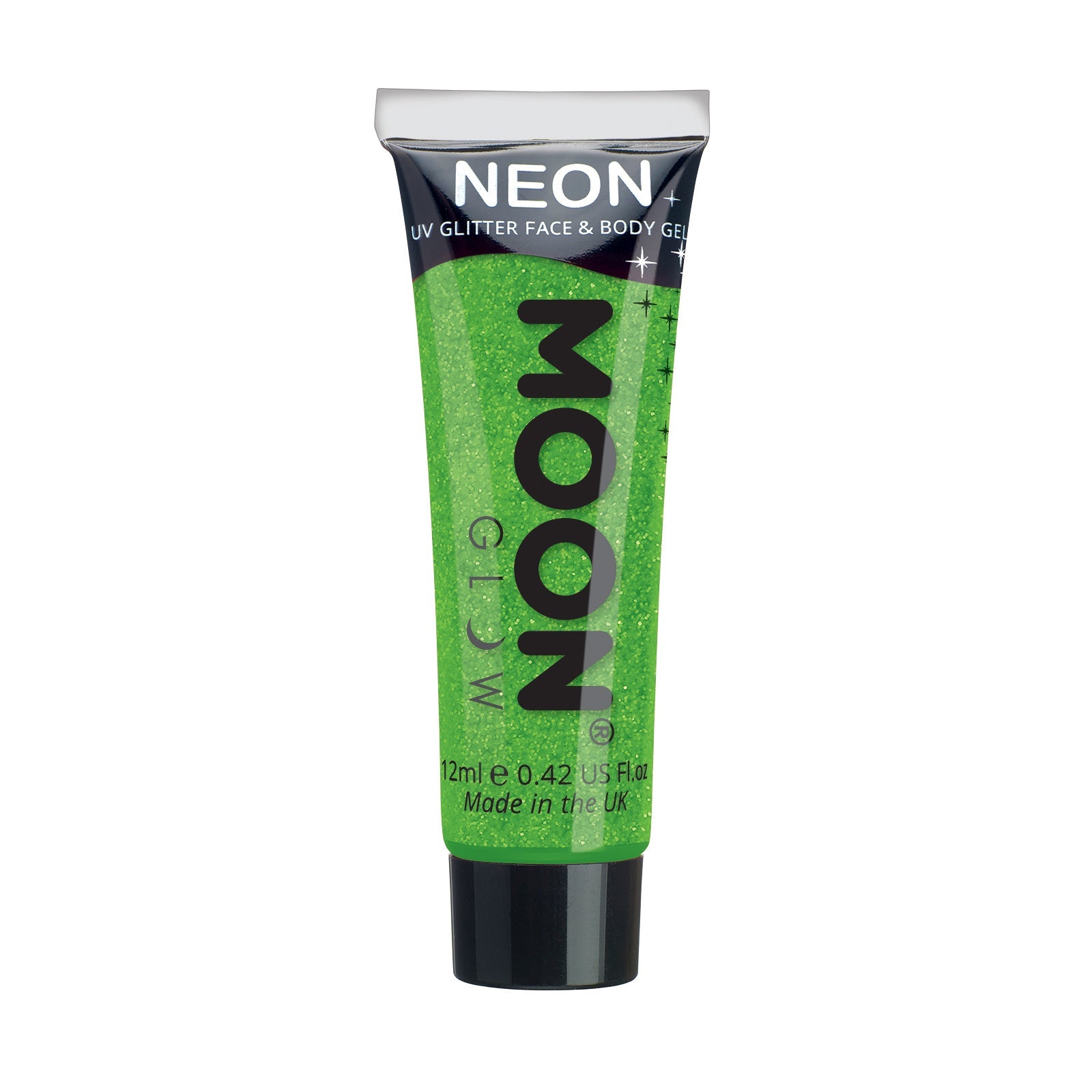 Green - Neon UV Glow Blacklight Fine Face & Body Glitter Gel, 12mL. Cosmetically certified, FDA & Health Canada compliant, cruelty free and vegan.