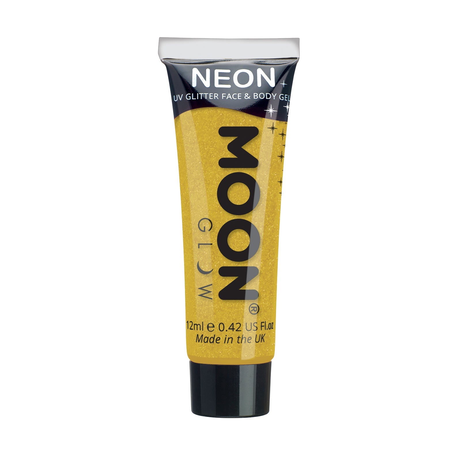 Golden Yellow - Neon UV Glow Blacklight Fine Face & Body Glitter Gel, 12mL. Cosmetically certified, FDA & Health Canada compliant, cruelty free and vegan.