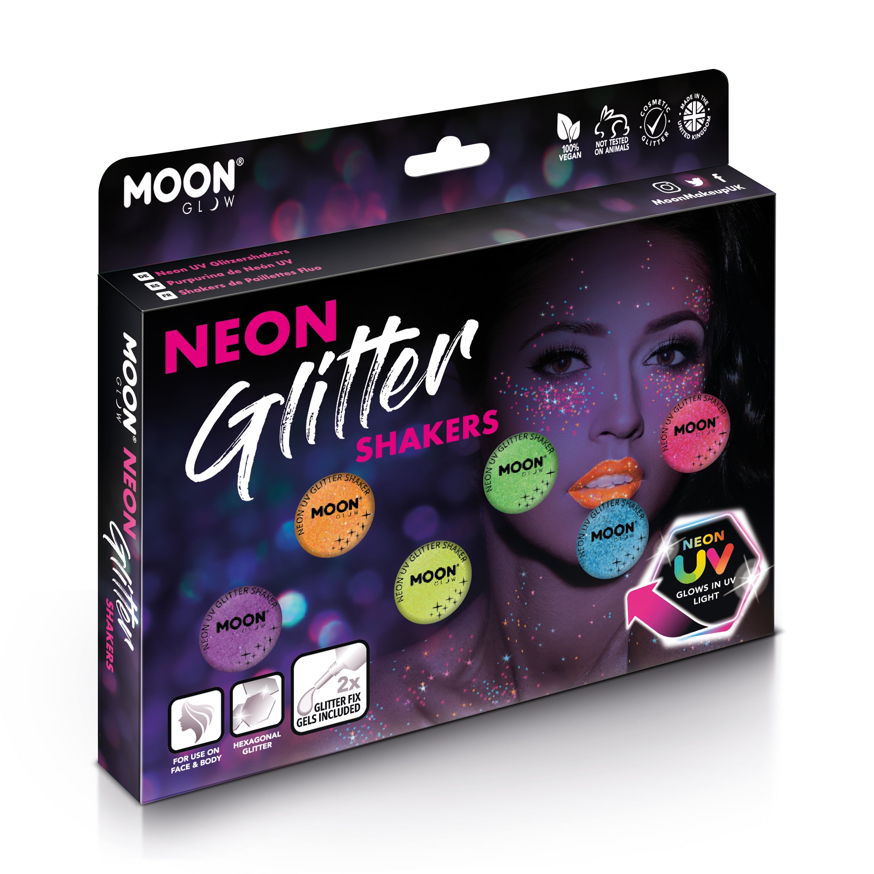 UV Fine Face & Body Glitter Boxset - 6 shakers, UV light, 2 fix gel, brush. Cosmetically certified, FDA & Health Canada compliant, cruelty free and vegan.