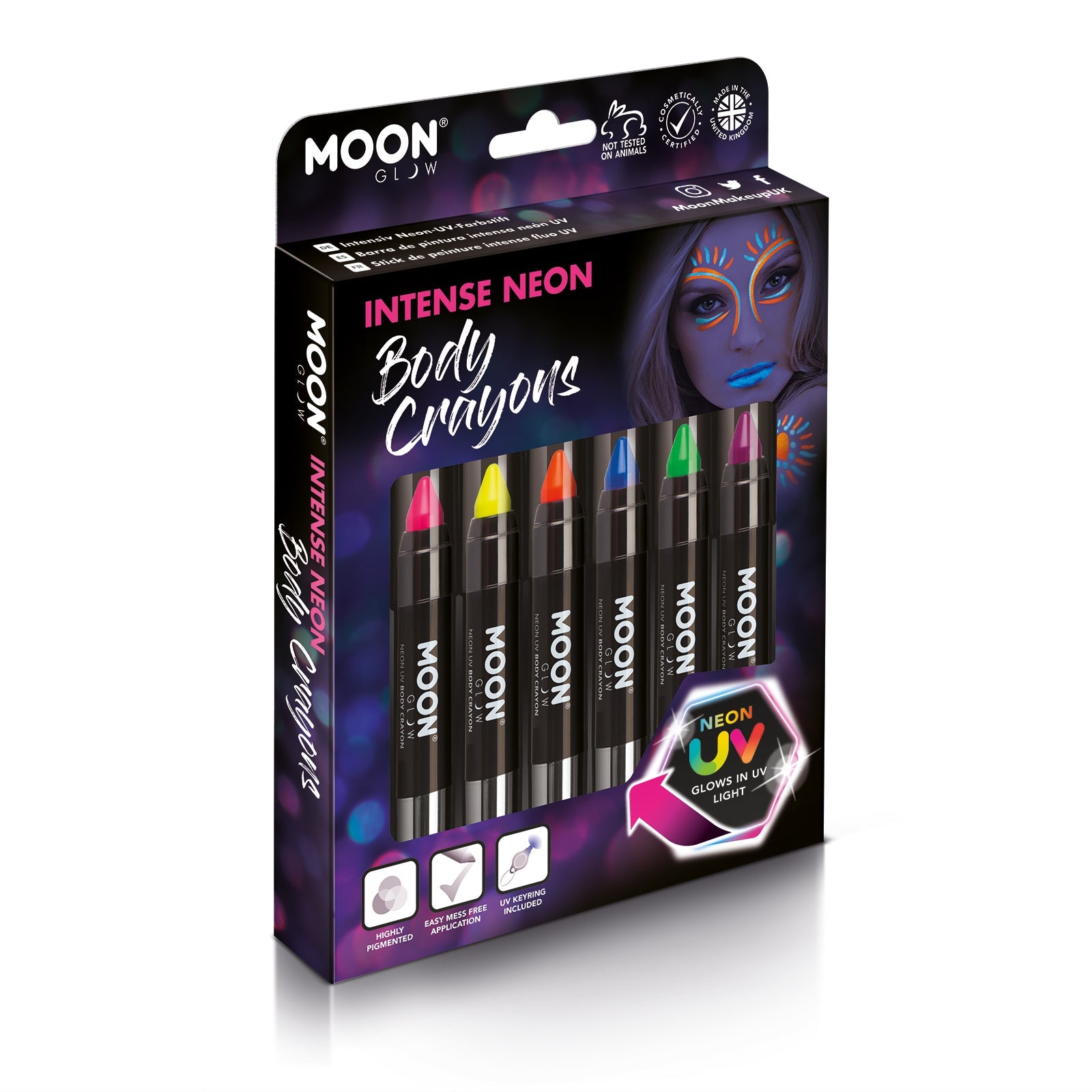 Intense Neon UV Glow Blacklight Face & Body Crayons Boxset - 6 crayons, UV light. Cosmetically certified, FDA & Health Canada compliant and cruelty free.