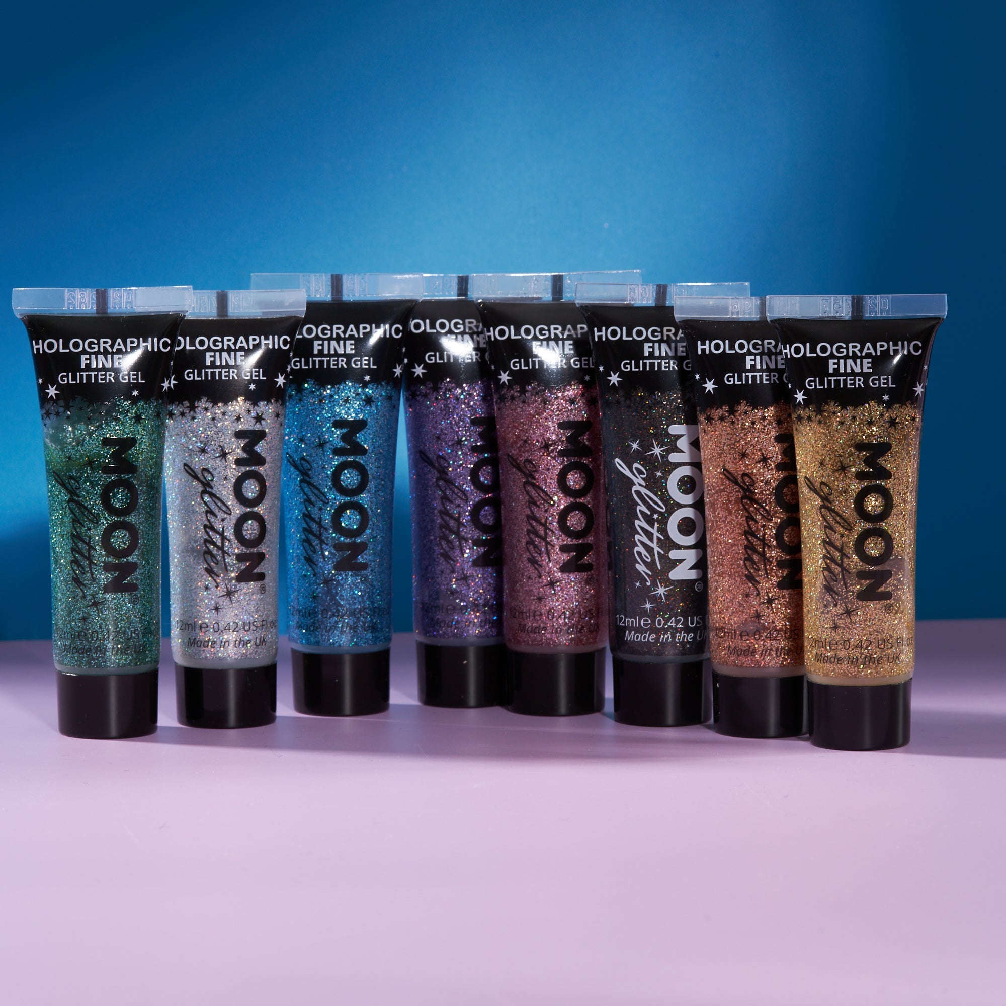 Holographic Fine Face & Body Glitter Gel. Cosmetically certified, FDA & Health Canada compliant, cruelty free and vegan.