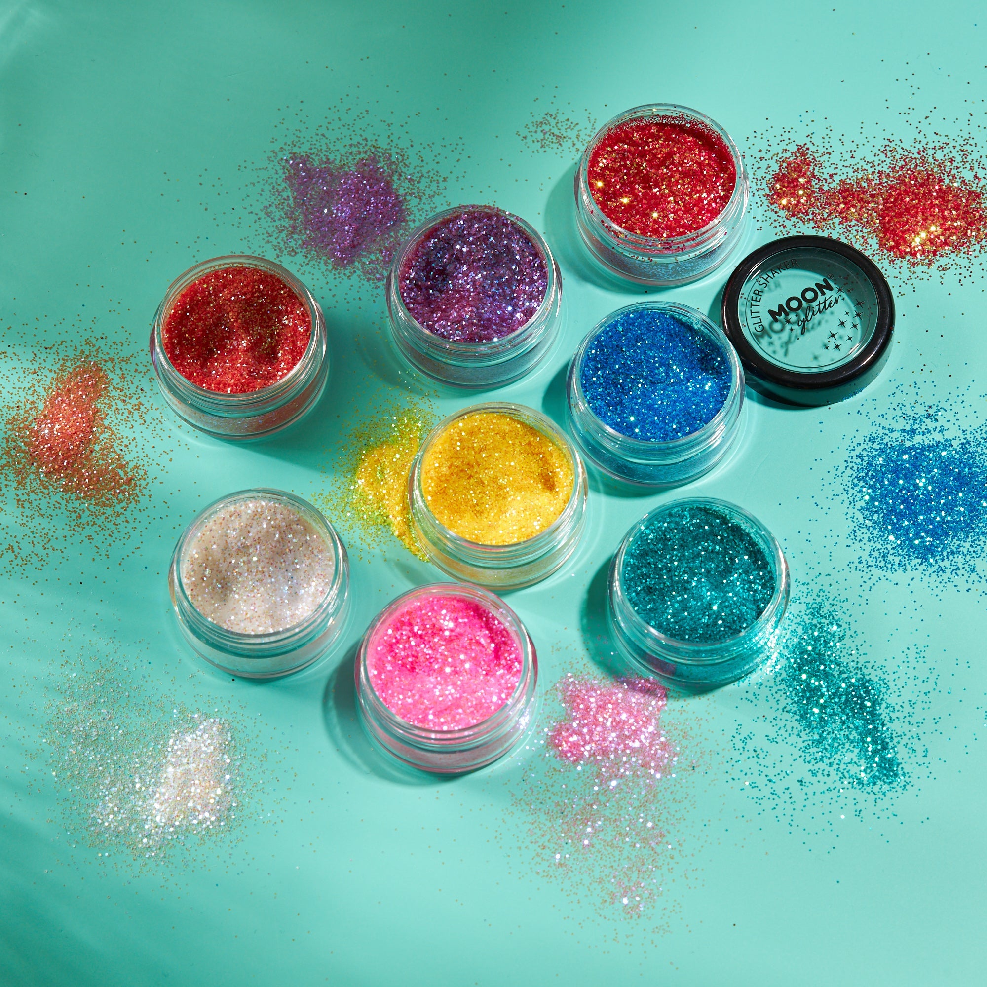 Iridescent Fine Face & Body Glitter Shaker. Cosmetically certified, FDA & Health Canada compliant, cruelty free and vegan.