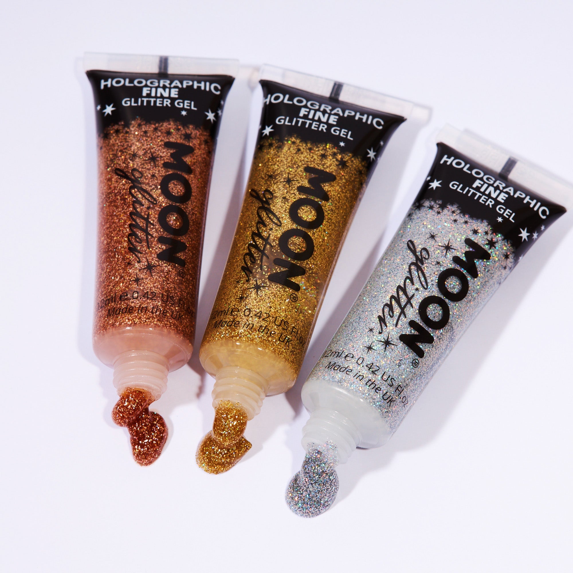 Holographic Fine Face & Body Glitter Gel. Cosmetically certified, FDA & Health Canada compliant, cruelty free and vegan.