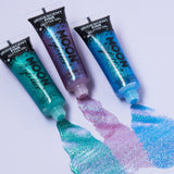 Iridescent Fine Face & Body Glitter Gel. Cosmetically certified, FDA & Health Canada compliant, cruelty free and vegan.