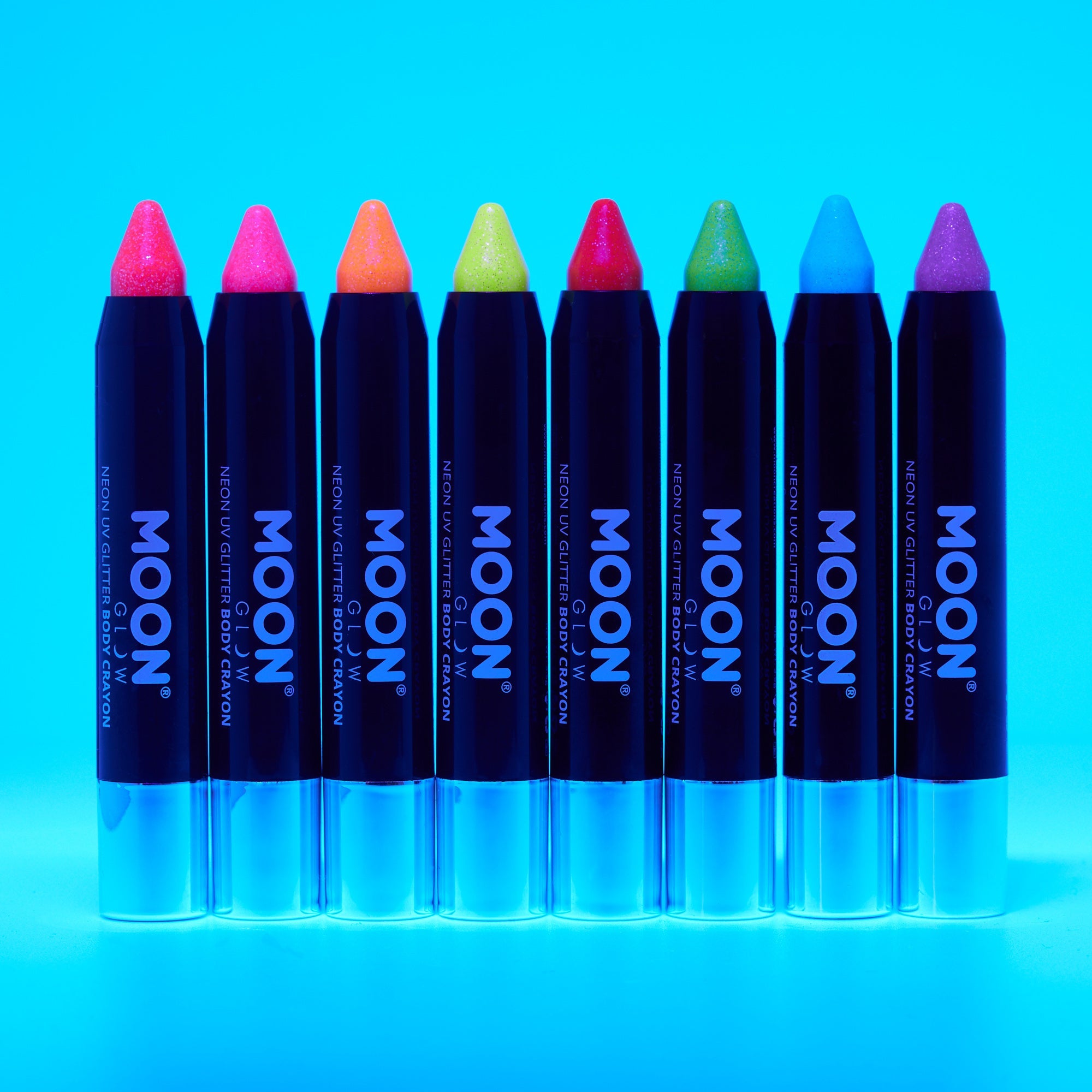 Neon UV Glow Blacklight Glitter Face & Body Crayons. Cosmetically certified, FDA & Health Canada compliant and cruelty free.