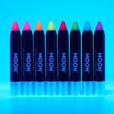 Neon UV Glow Blacklight Glitter Face & Body Crayons. Cosmetically certified, FDA & Health Canada compliant and cruelty free.