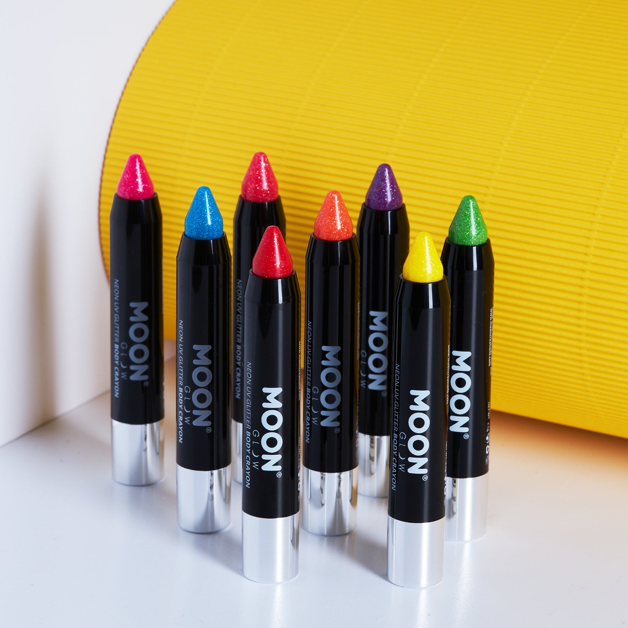 Neon UV Glow Blacklight Glitter Face & Body Crayons. Cosmetically certified, FDA & Health Canada compliant and cruelty free.