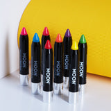 Neon UV Glow Blacklight Glitter Face & Body Crayons. Cosmetically certified, FDA & Health Canada compliant and cruelty free.