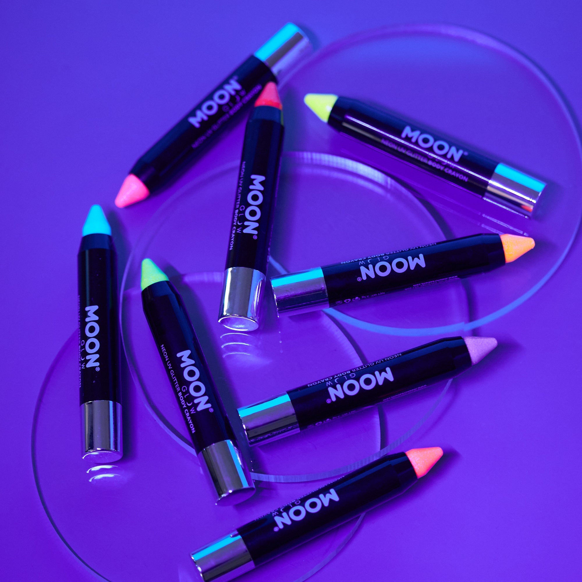 Neon UV Glow Blacklight Glitter Face & Body Crayons. Cosmetically certified, FDA & Health Canada compliant and cruelty free.