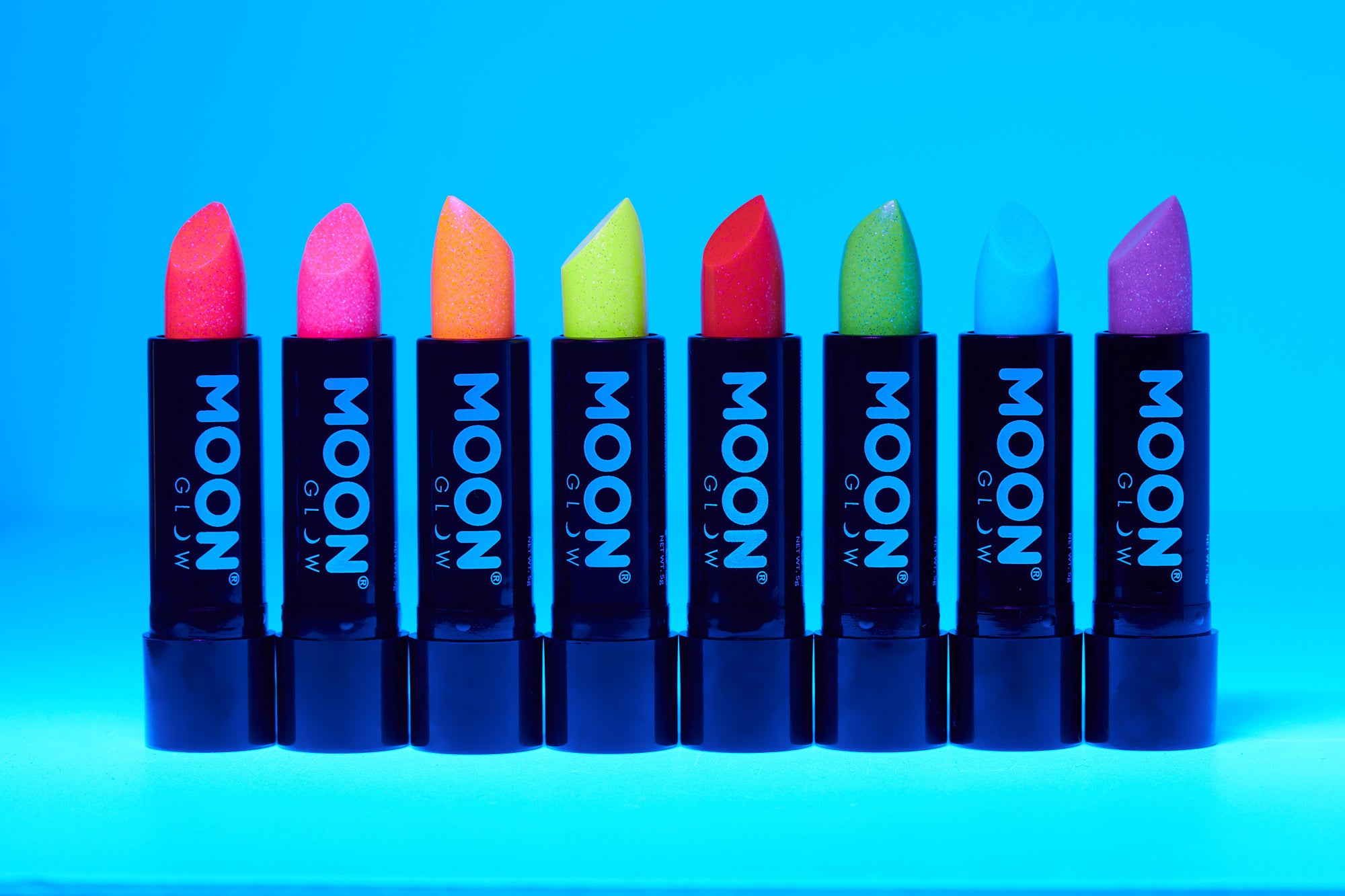 Neon UV Glow Blacklight Glitter Lipstick, 5g. Cosmetically certified, FDA & Health Canada compliant and cruelty free.