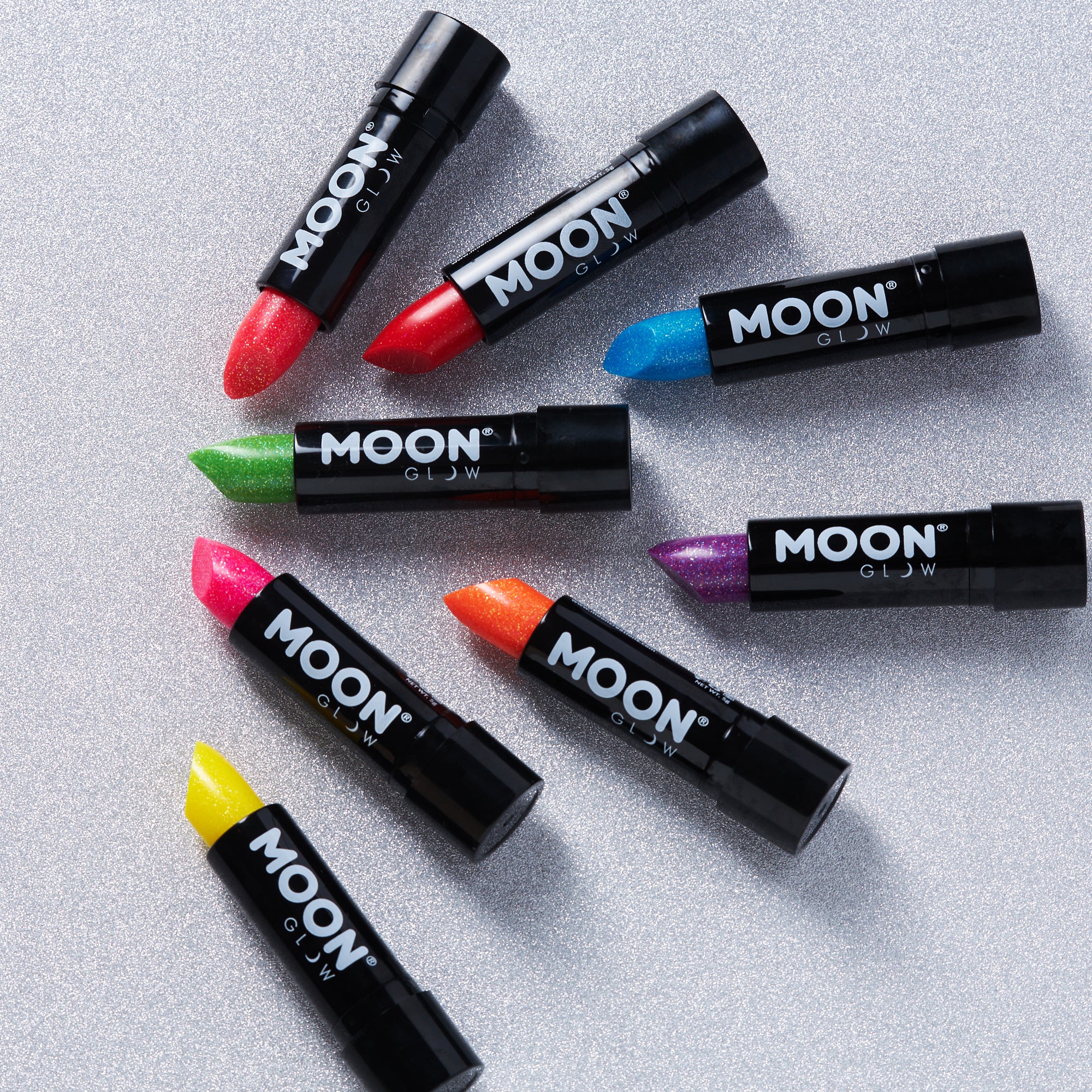 Neon UV Glow Blacklight Glitter Lipstick, 5g. Cosmetically certified, FDA & Health Canada compliant and cruelty free.