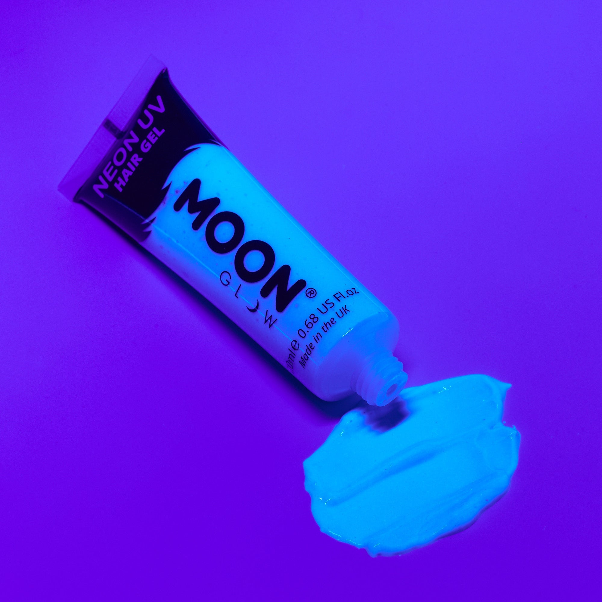 Neon UV Glow Blacklight Hair Gel. Cosmetically certified, FDA & Health Canada compliant, cruelty free and vegan.