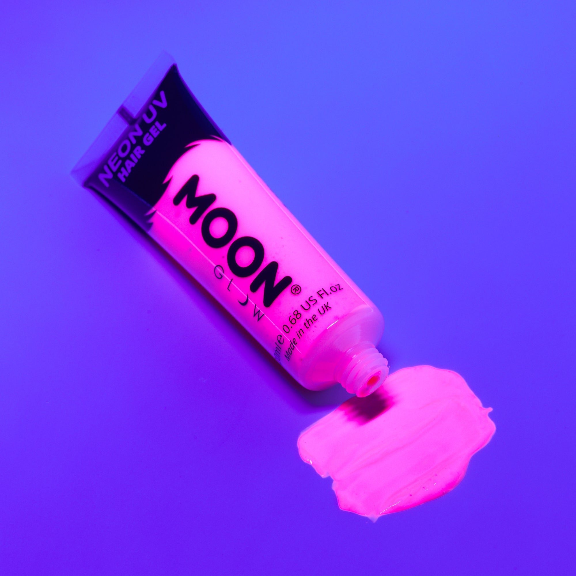 Neon UV Glow Blacklight Hair Gel. Cosmetically certified, FDA & Health Canada compliant, cruelty free and vegan.