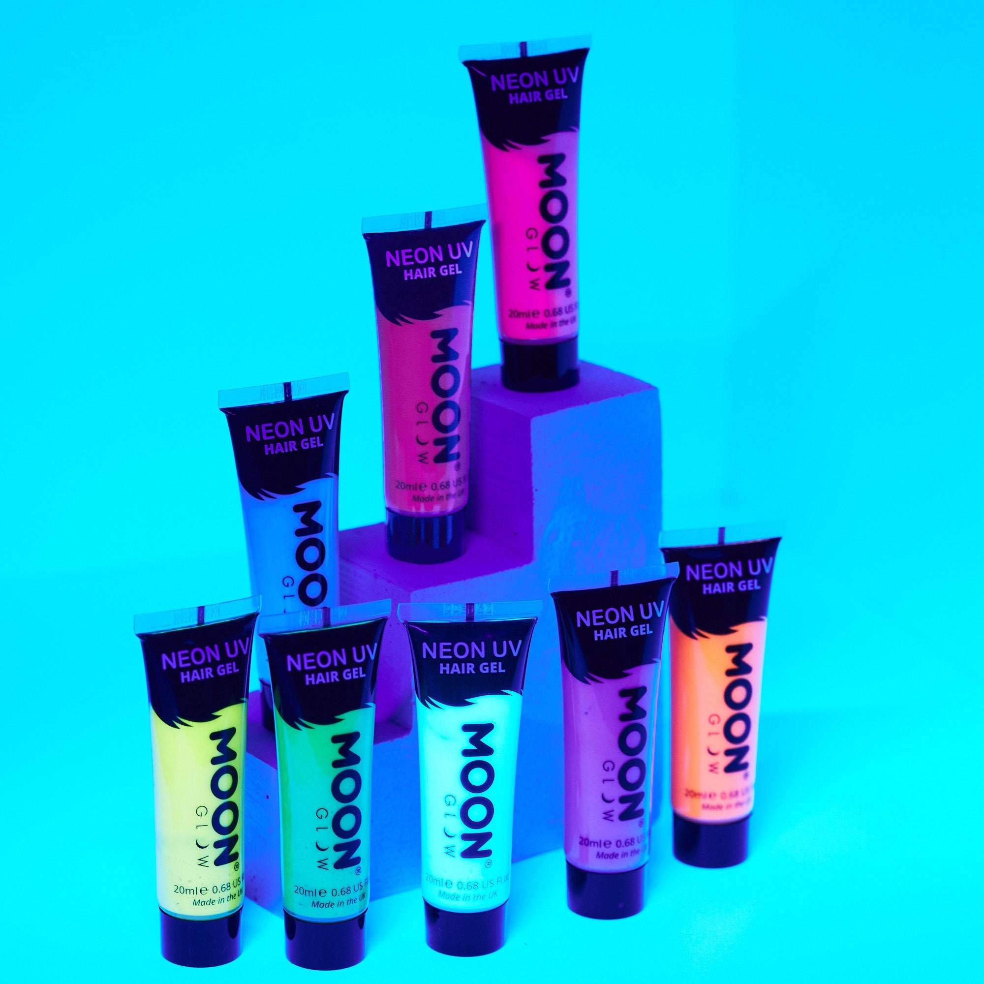 Neon UV Glow Blacklight Hair Gel. Cosmetically certified, FDA & Health Canada compliant, cruelty free and vegan.