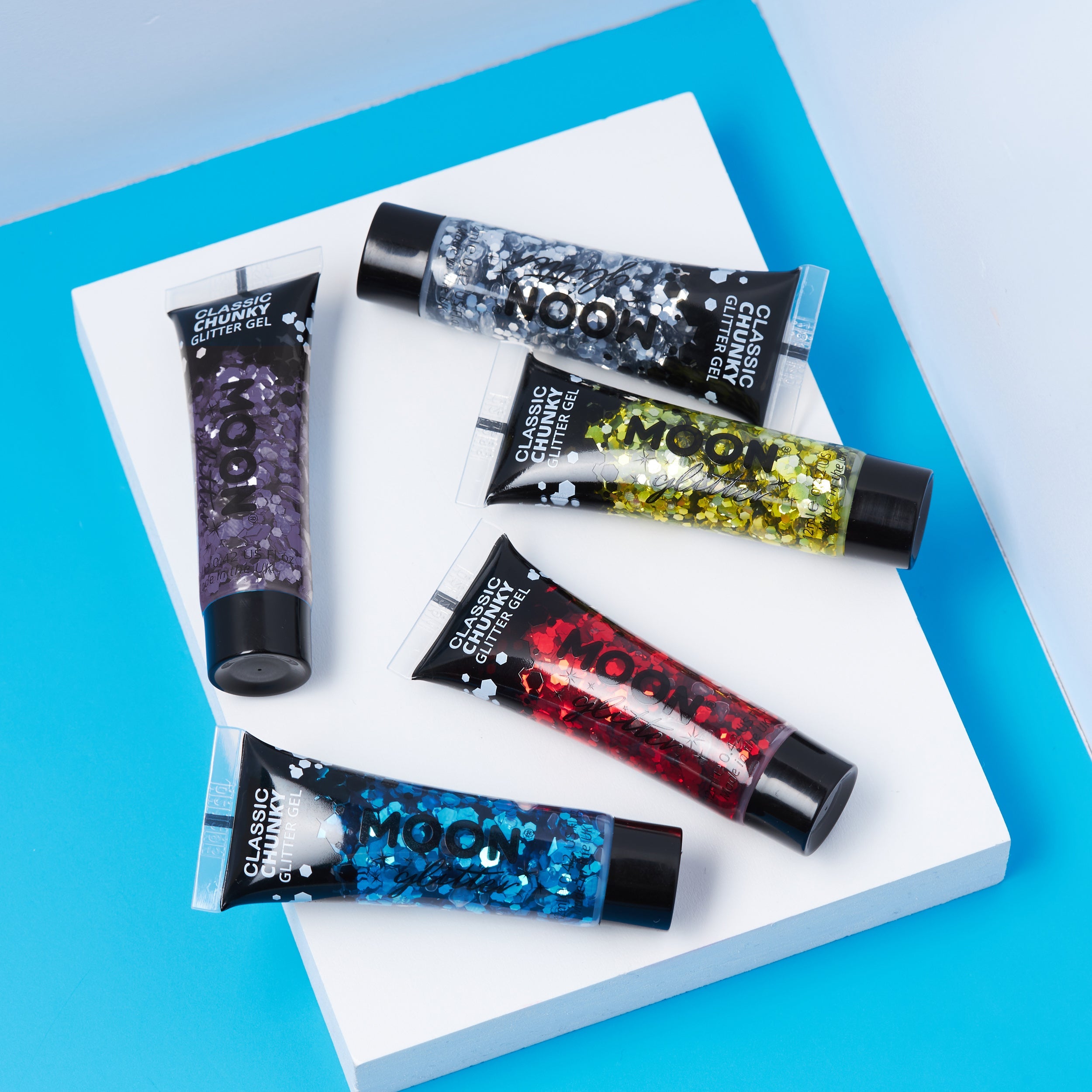 Classic Chunky Face & Body Glitter Gel. Cosmetically certified, FDA & Health Canada compliant, cruelty free and vegan.