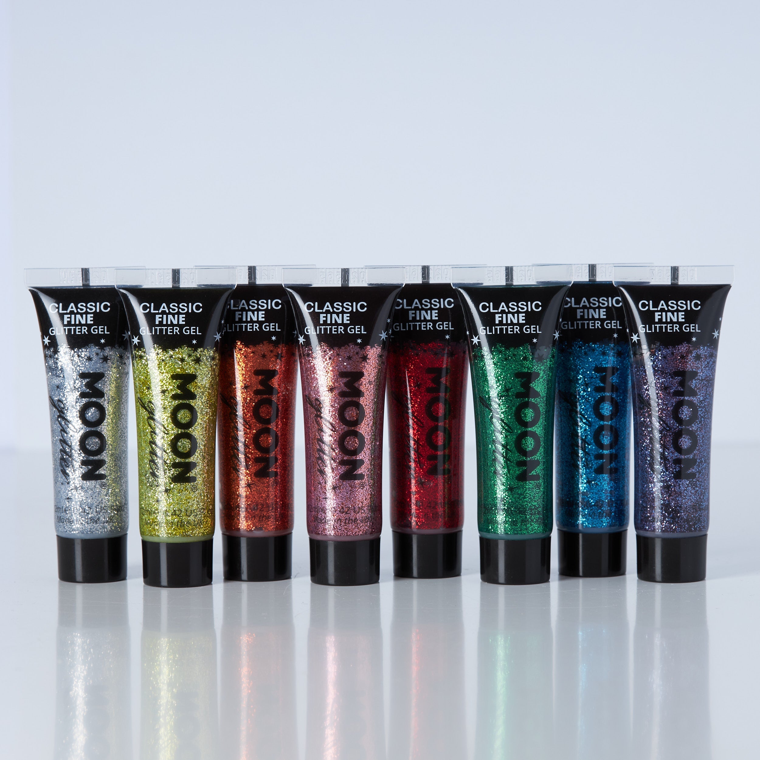 Classic Fine Face & Body Glitter Gel. Cosmetically certified, FDA & Health Canada compliant, cruelty free and vegan.