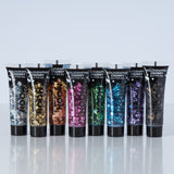 Holographic Chunky Face & Body Glitter Gel. Cosmetically certified, FDA & Health Canada compliant, cruelty free and vegan.