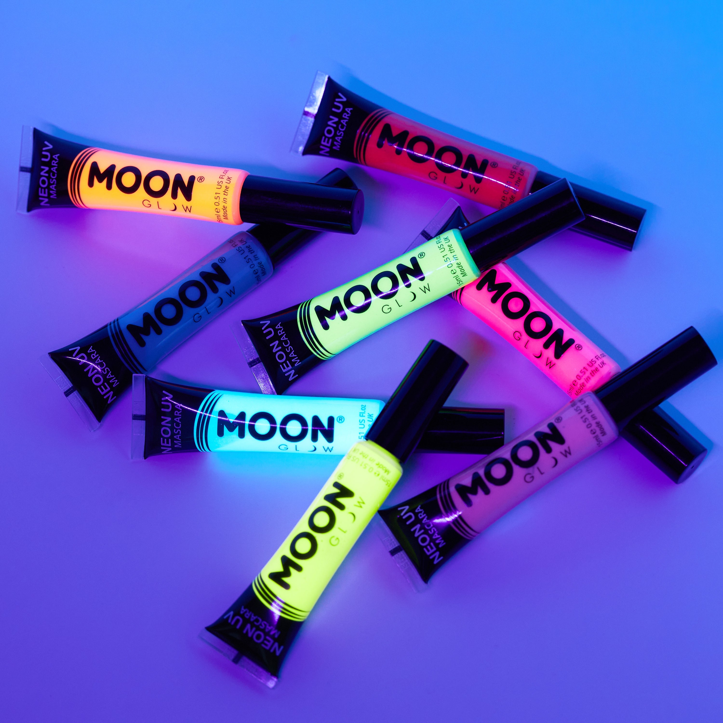 Neon UV Glow Blacklight Mascara. Cosmetically certified, FDA & Health Canada compliant, cruelty free and vegan.