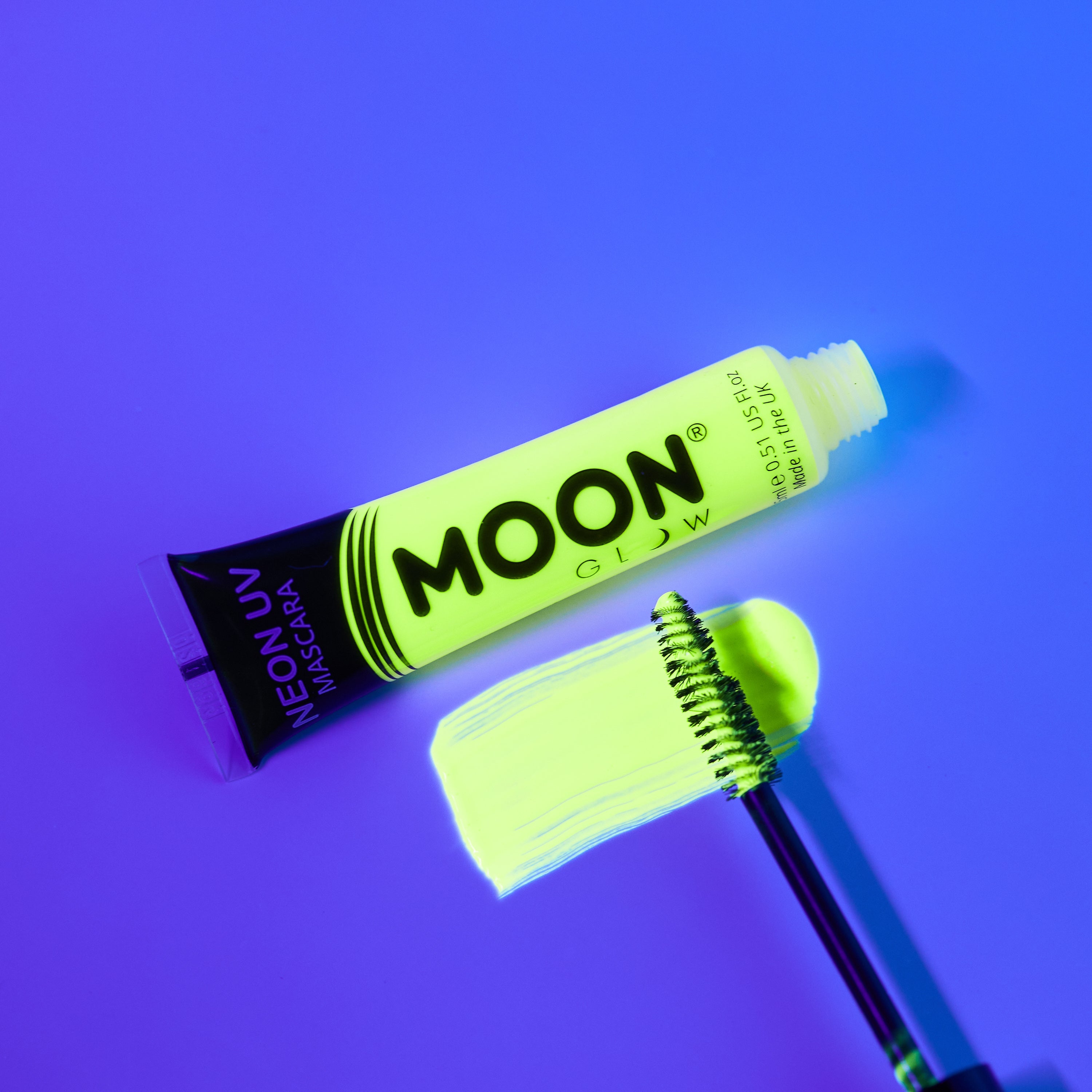 Intense Yellow - Neon UV Glow Blacklight Mascara, 15mL. Cosmetically certified, FDA & Health Canada compliant, cruelty free and vegan.