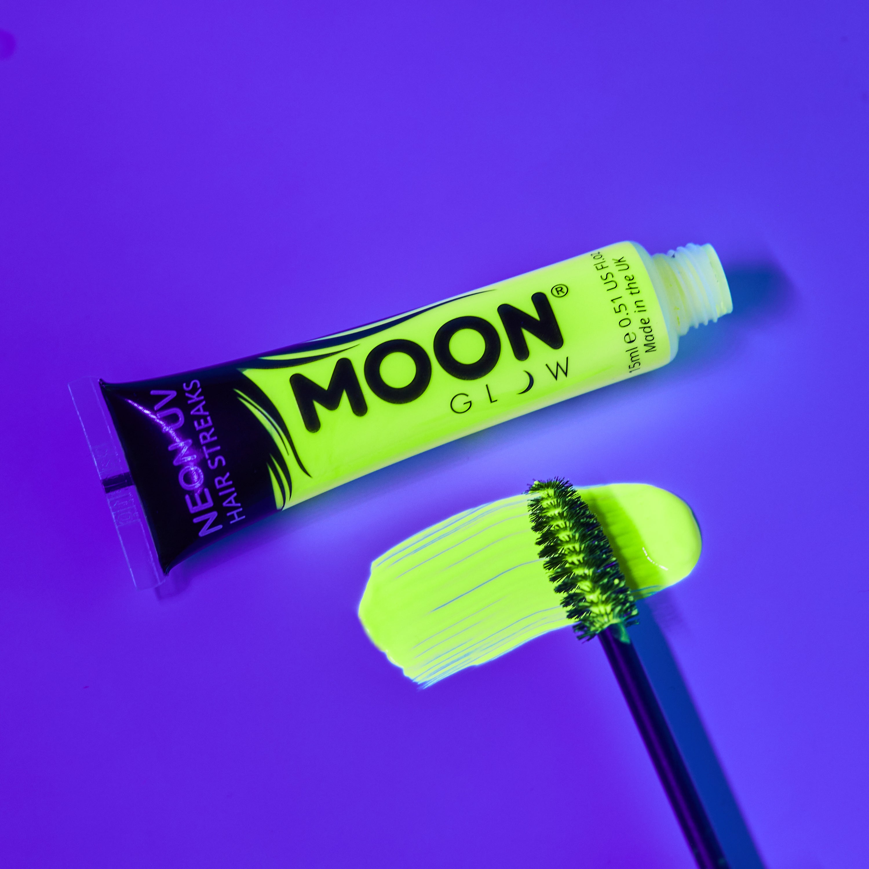 Neon UV Glow Blacklight Hair Streaks. Cosmetically certified, FDA & Health Canada compliant, cruelty free and vegan.
