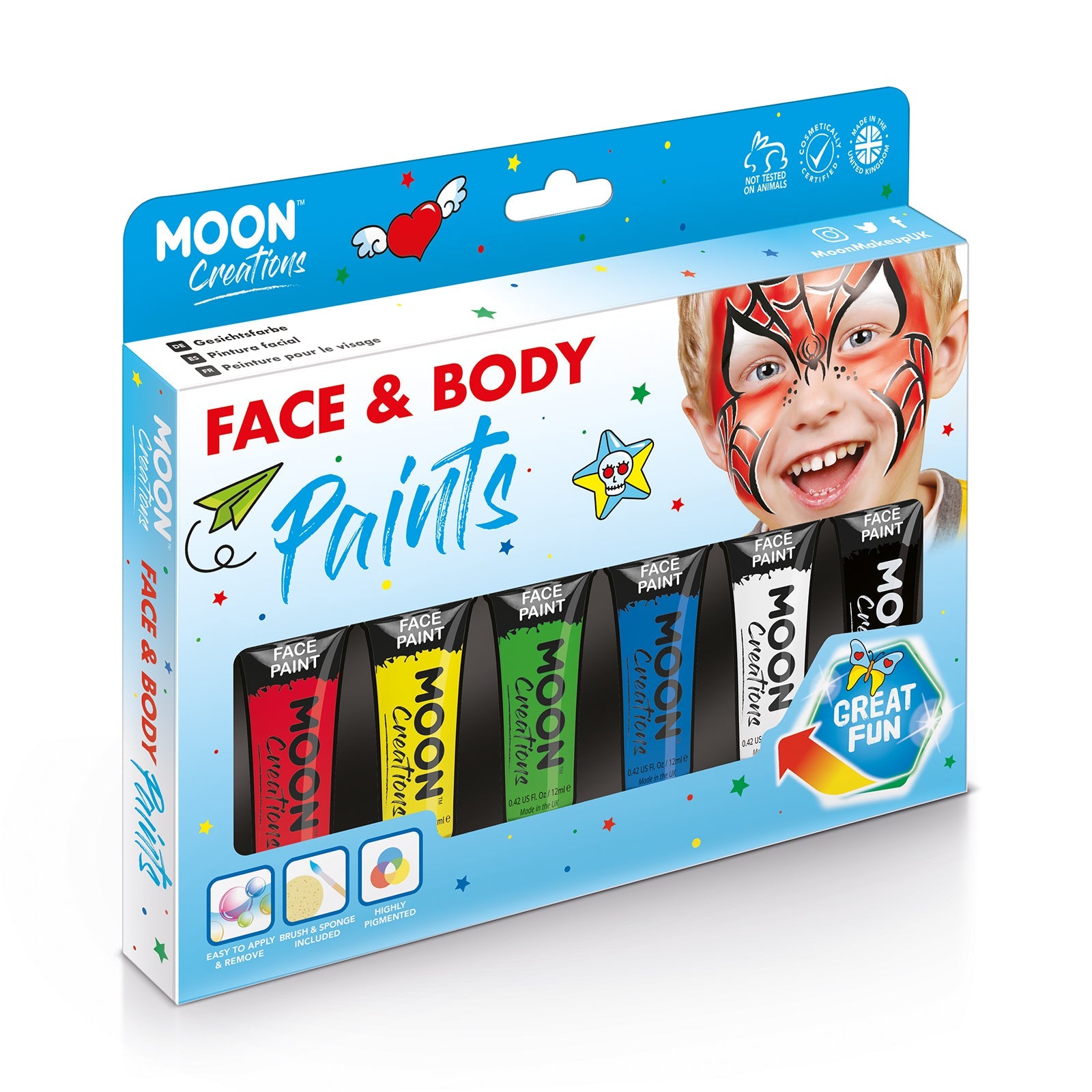 Face & Body Paint Makeup Primary Colours Boxset - 6 tubes, brush, spong. Cosmetically certified, FDA & Health Canada compliant, cruelty free and vegan.