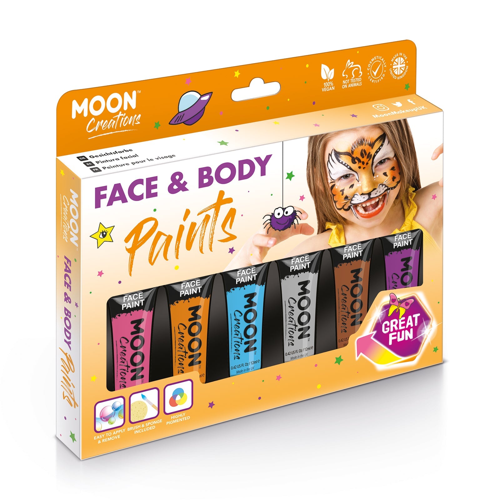 Face & Body Paint Makeup Adventure Colours Boxset - 6 tubes, brush, spo. Cosmetically certified, FDA & Health Canada compliant, cruelty free and vegan.