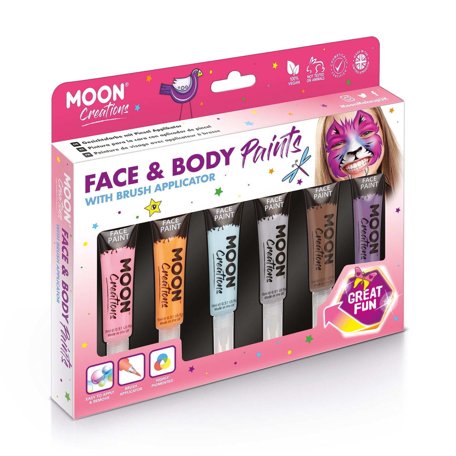 Face & Body Paint Makeup w/brush Adventure Colours Boxset - 6 tubes, brush, spo. Cosmetically certified, FDA & Health Canada compliant, cruelty free and vegan.