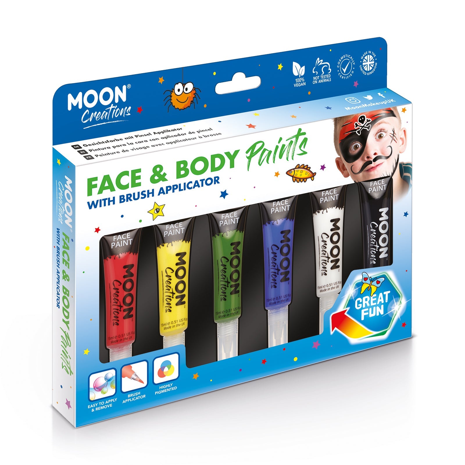Face & Body Paint Makeup w/brush Primary Colours Boxset - 6 tubes, brush, spong. Cosmetically certified, FDA & Health Canada compliant, cruelty free and vegan.