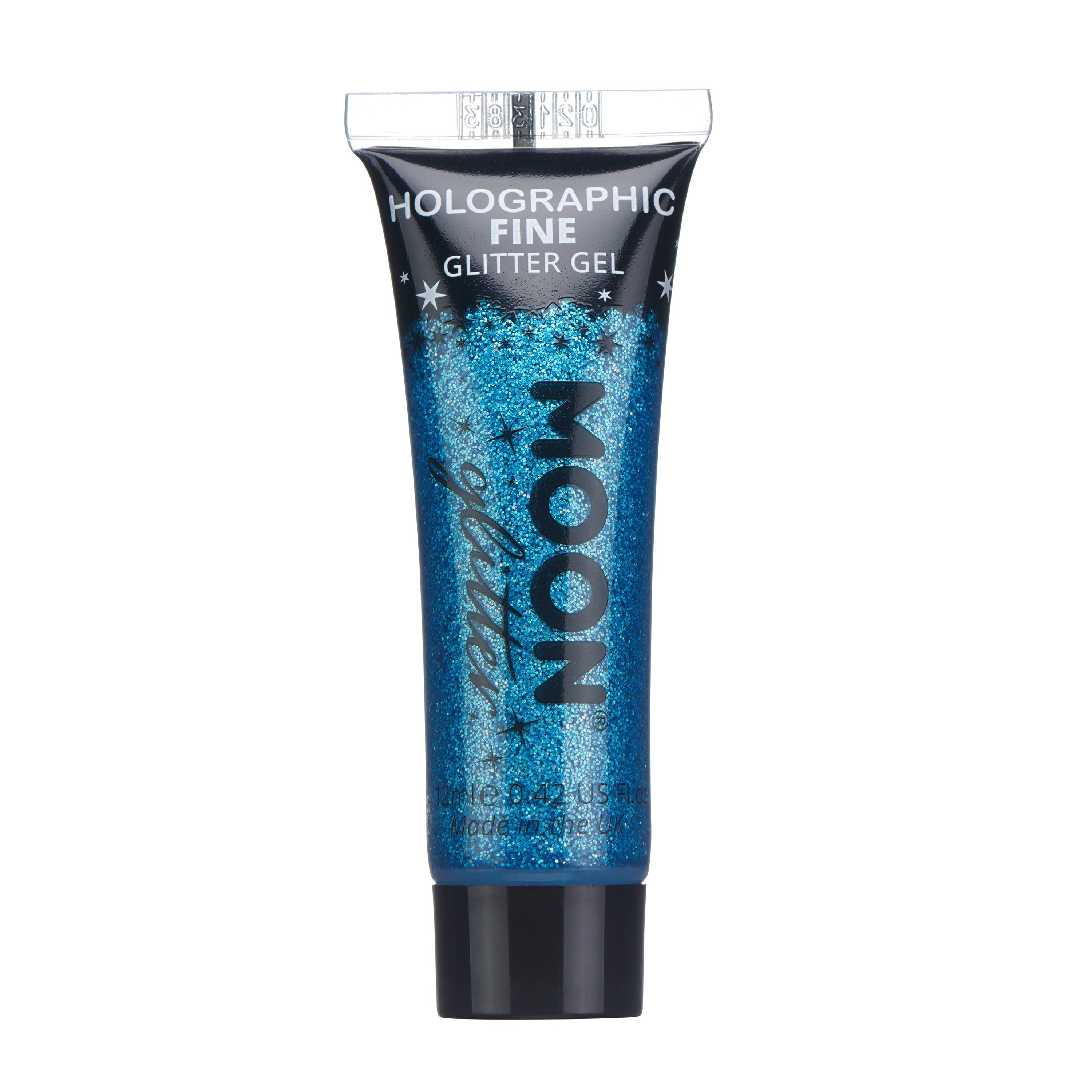 Blue - Holographic Fine Face & Body Glitter Gel, 12mL. Cosmetically certified, FDA & Health Canada compliant, cruelty free and vegan.