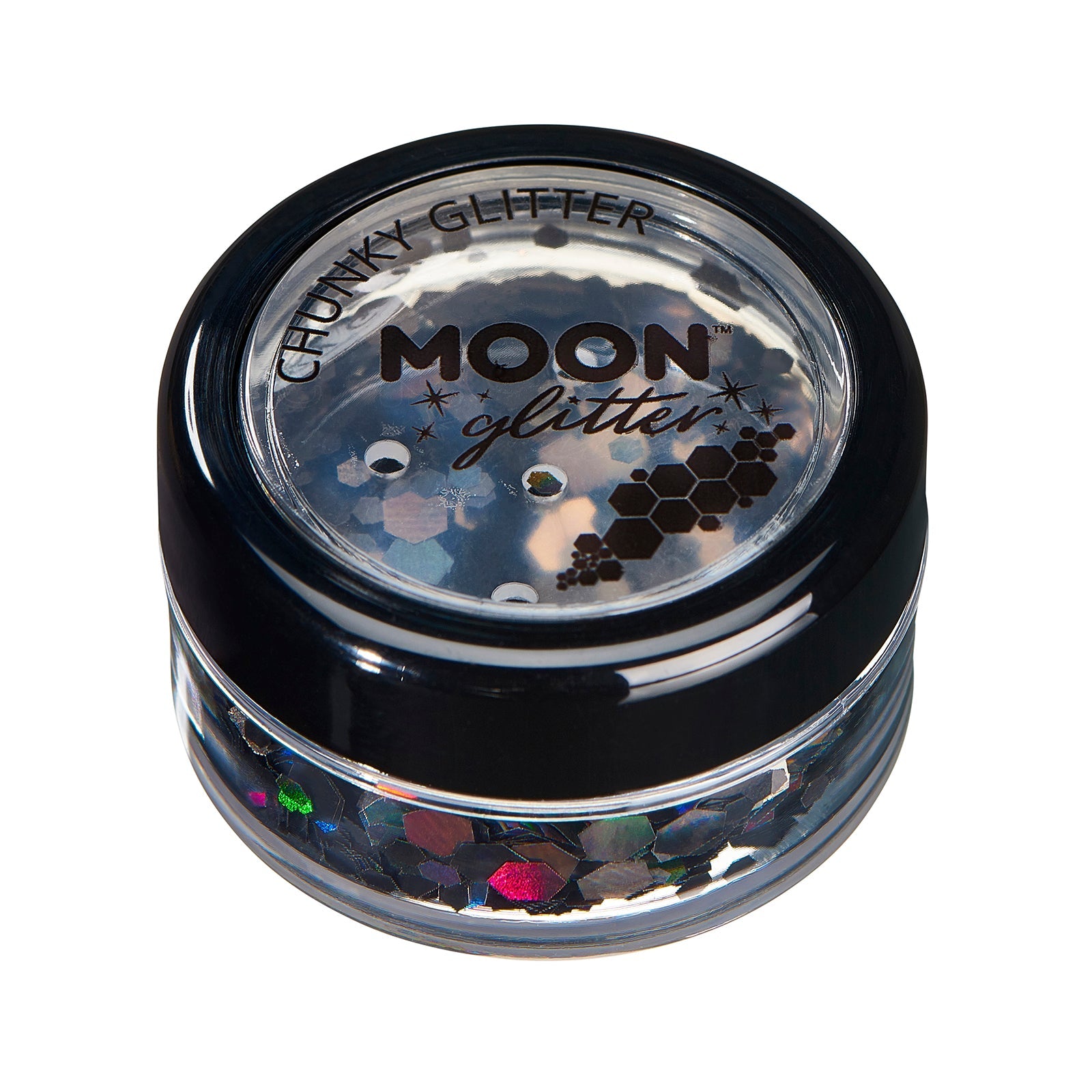 Black - Holographic Chunky Face & Body Glitter, 3g. Cosmetically certified, FDA & Health Canada compliant, cruelty free and vegan.