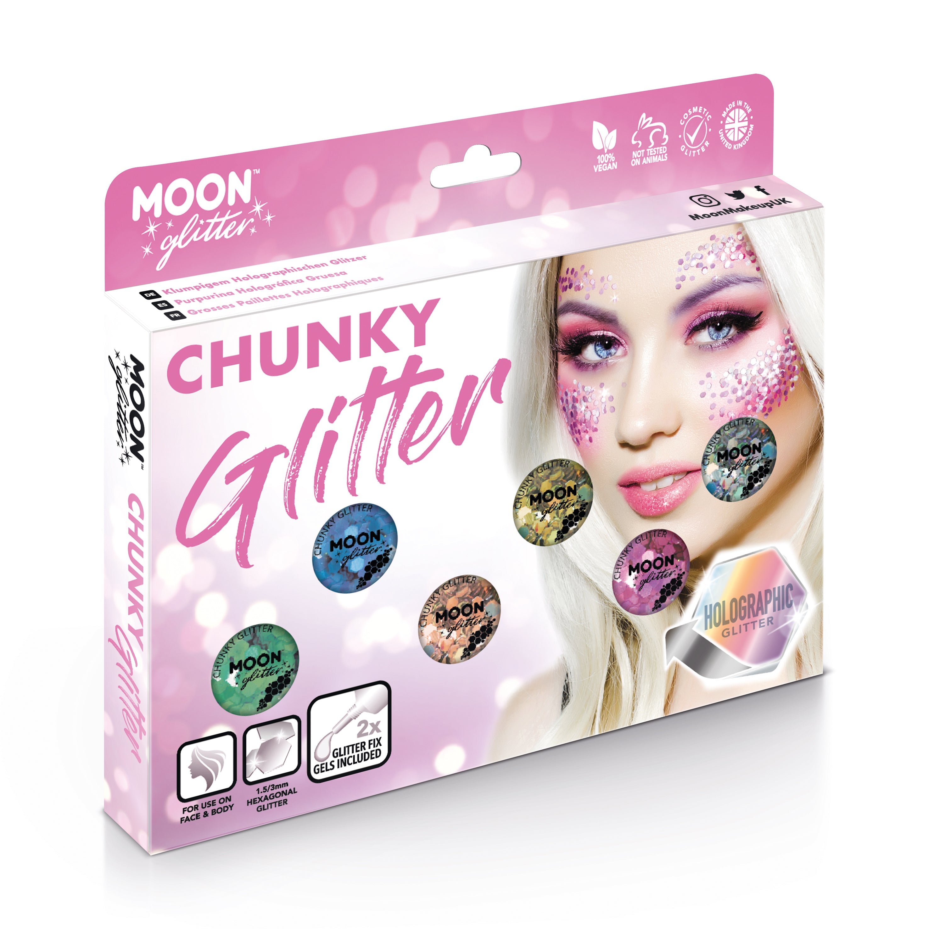 Holographic Chunky Face & Body Glitter  Boxset - 6 pots, 2 fix gel, brush. Cosmetically certified, FDA & Health Canada compliant, cruelty free and vegan.
