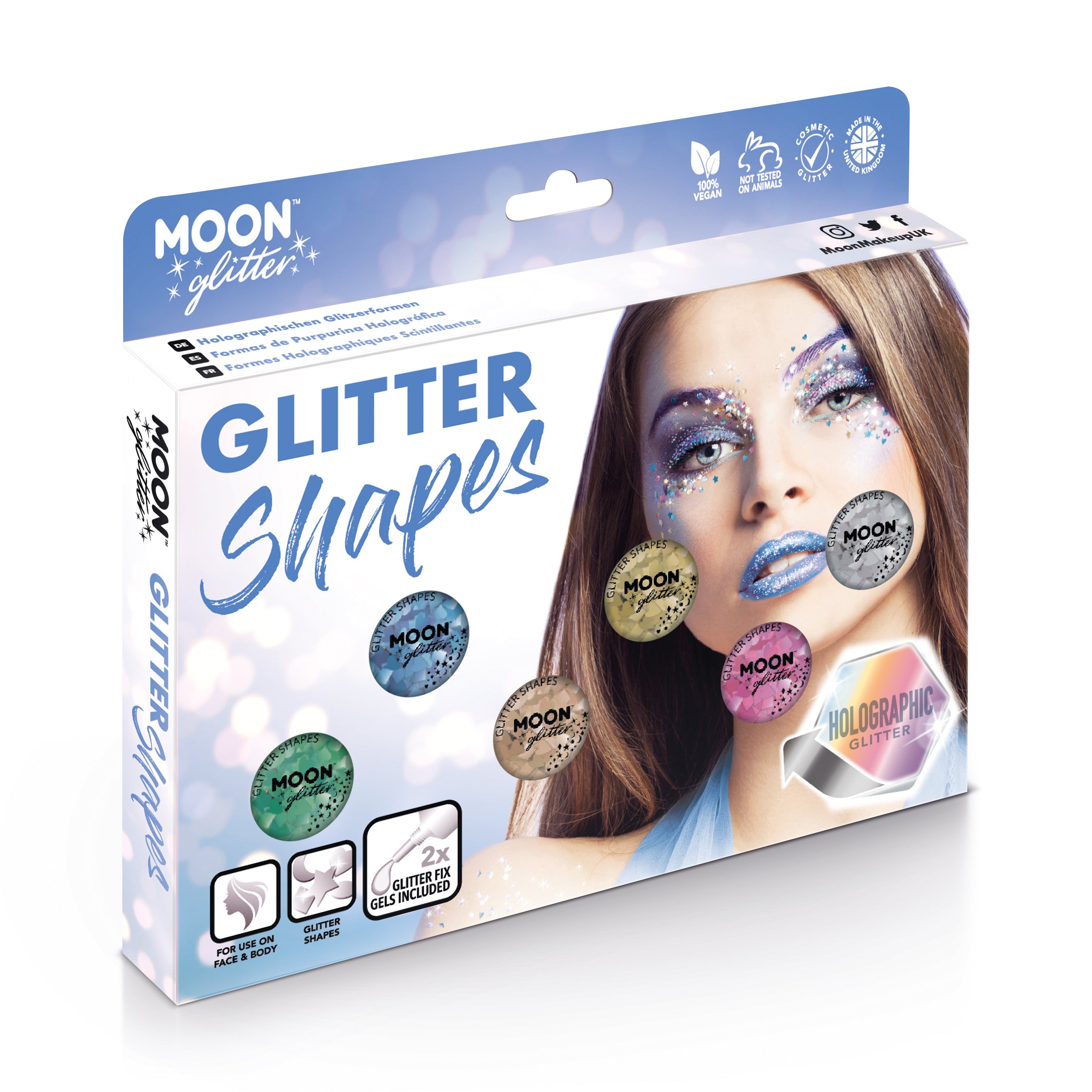 Holographic Face & Body Glitter Shapes Boxset - 6 pots, 2 fix gel, brush. Cosmetically certified, FDA & Health Canada compliant, cruelty free and vegan.