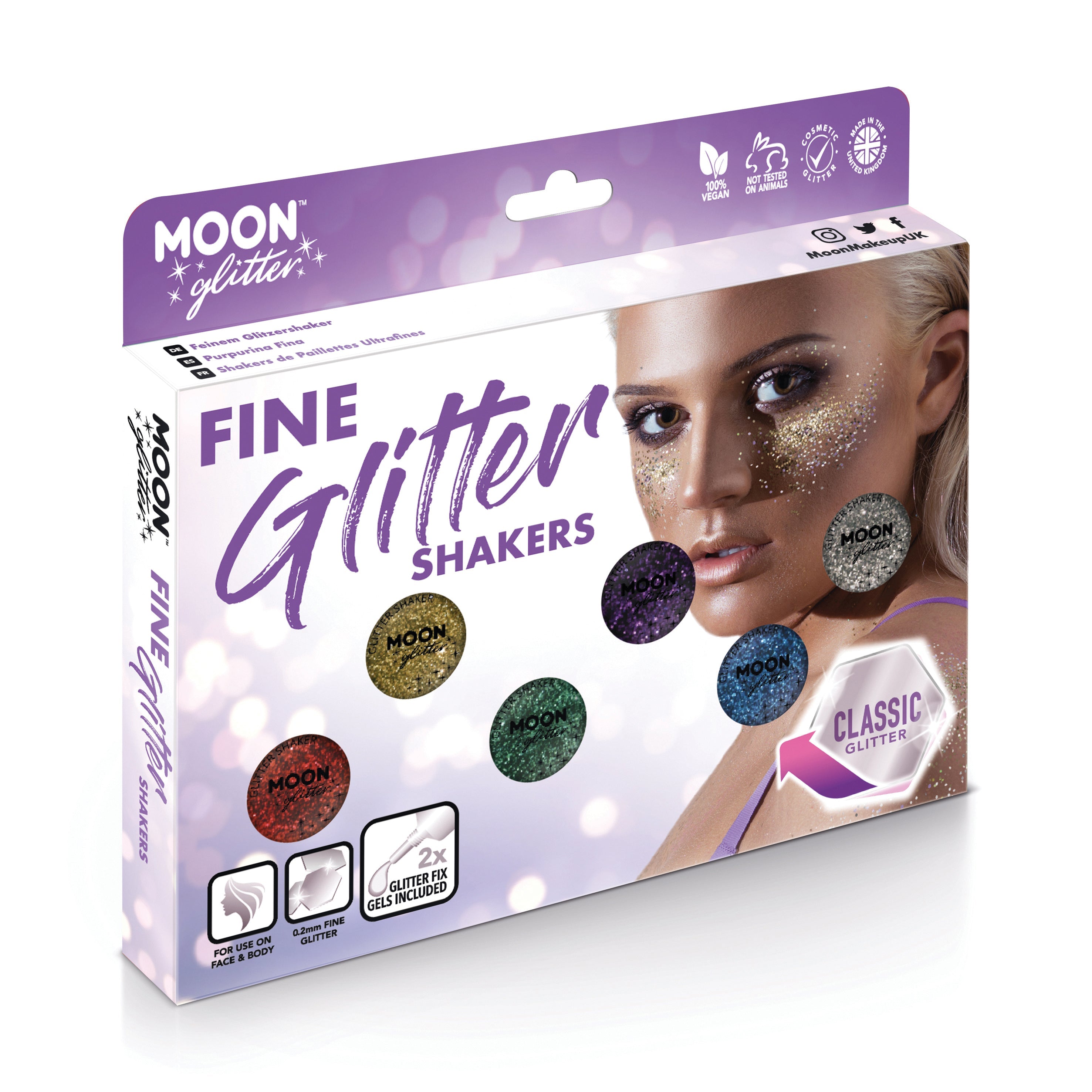 Classic Fine Face & Body Glitter Shaker Boxset - 6 Shakers, 2 Fix Gel. Cosmetically certified, FDA & Health Canada compliant, cruelty free and vegan.