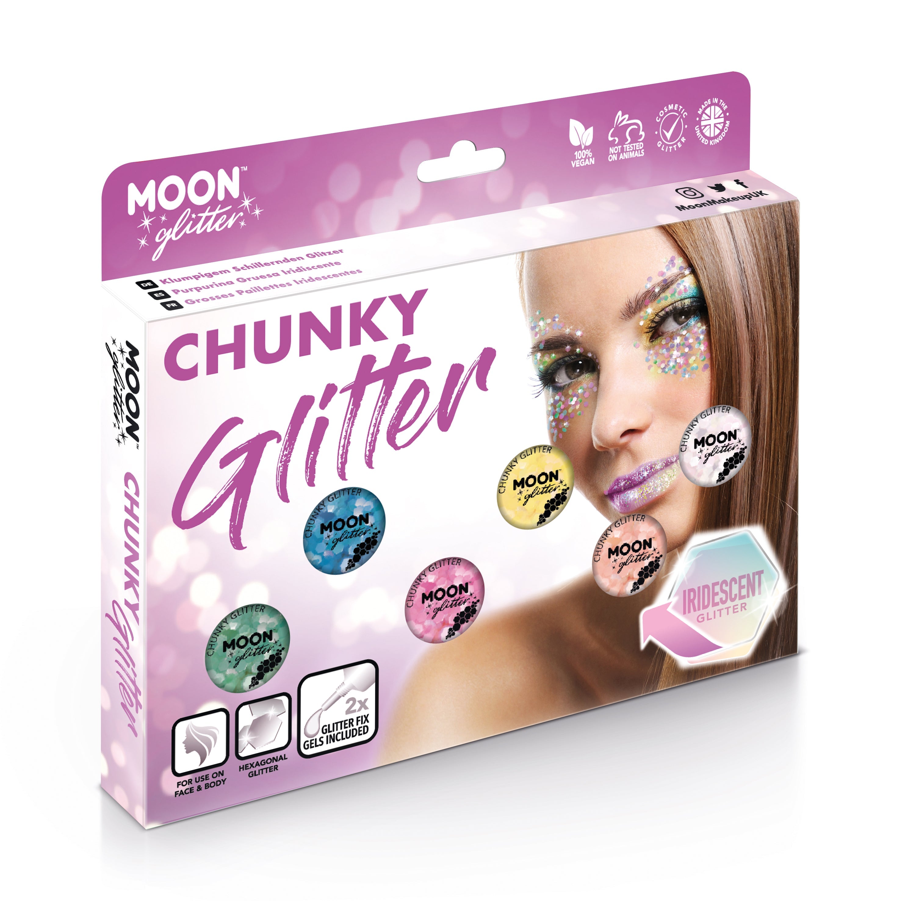 Iridescent Chunky Face & Body Glitter Boxset - 6 pots, 2 fix gel, brush. Cosmetically certified, FDA & Health Canada compliant, cruelty free and vegan.