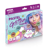 Pastel Fine Face & Body Glitter Boxset - 6 shakers, 2 fix gel, brush. Cosmetically certified, FDA & Health Canada compliant, cruelty free and vegan.