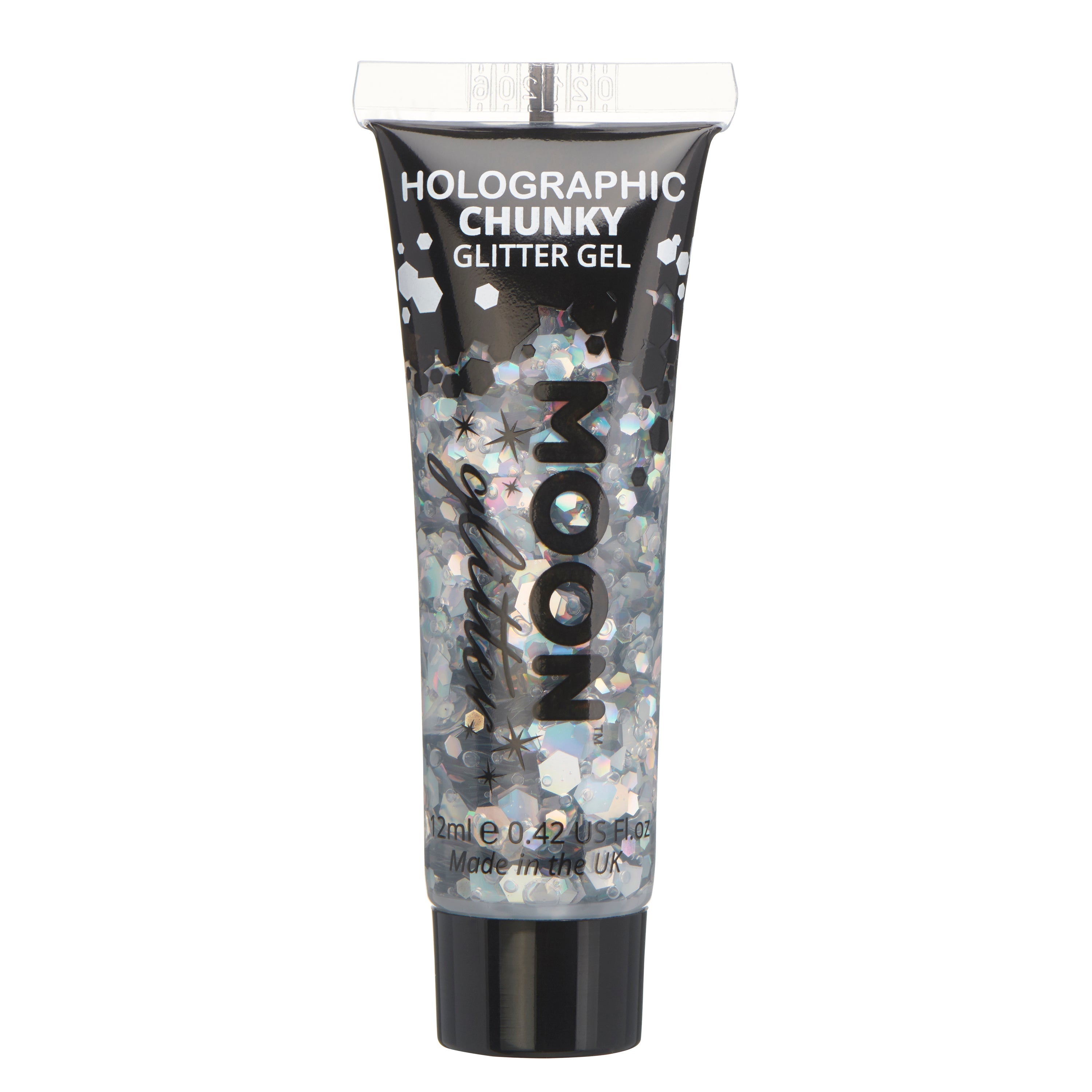Silver - Holographic Chunky Face & Body Glitter Gel, 12mL. Cosmetically certified, FDA & Health Canada compliant, cruelty free and vegan.