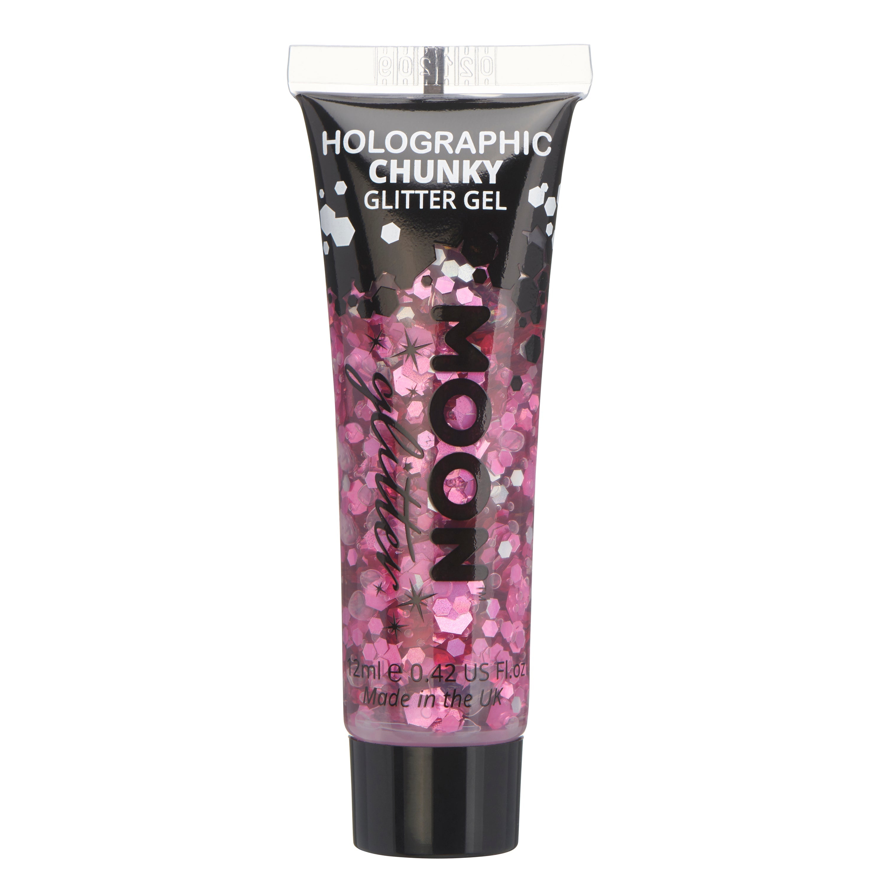 Pink - Holographic Chunky Face & Body Glitter Gel, 12mL. Cosmetically certified, FDA & Health Canada compliant, cruelty free and vegan.
