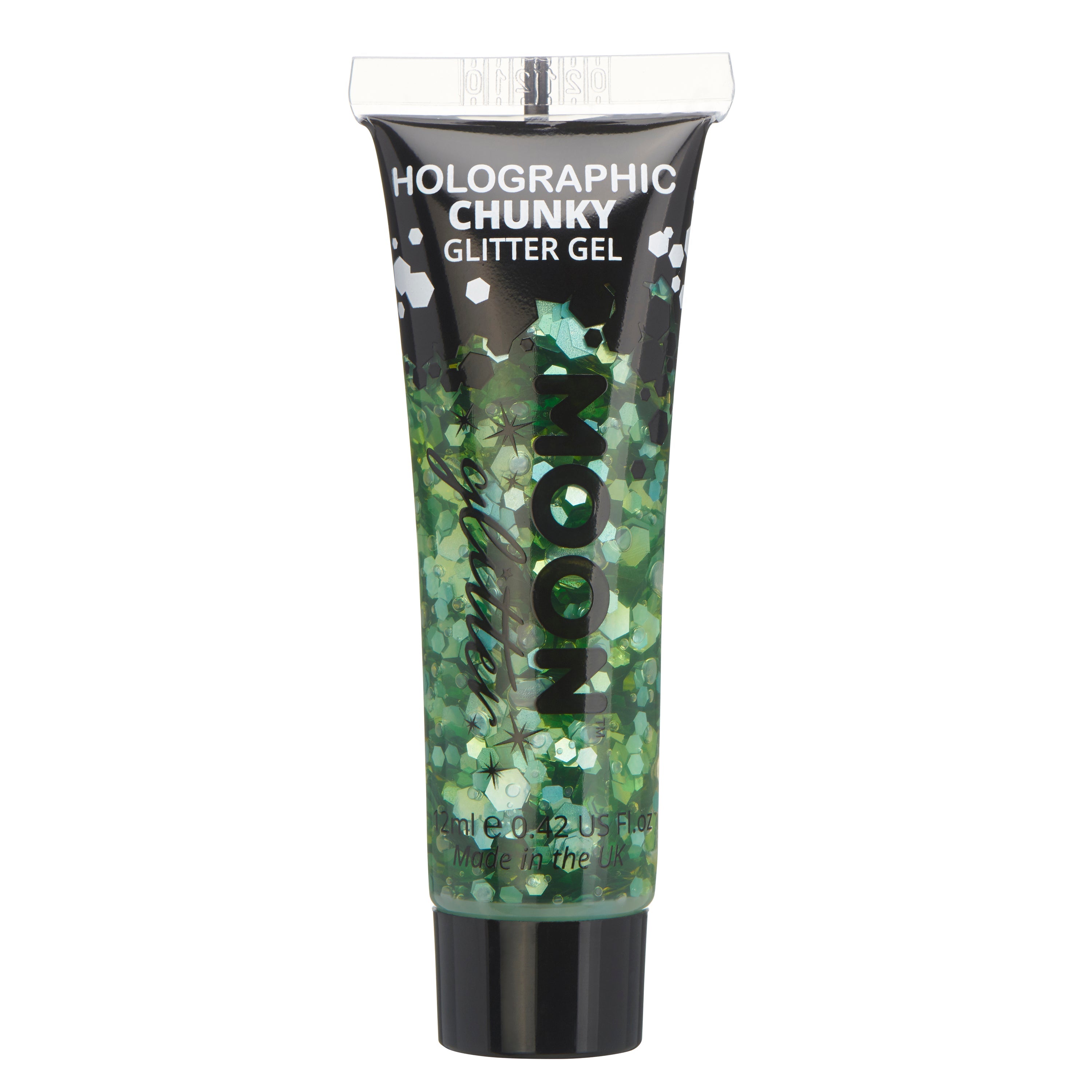 Green - Holographic Chunky Face & Body Glitter Gel, 12mL. Cosmetically certified, FDA & Health Canada compliant, cruelty free and vegan.