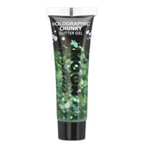 Green - Holographic Chunky Face & Body Glitter Gel, 12mL. Cosmetically certified, FDA & Health Canada compliant, cruelty free and vegan.