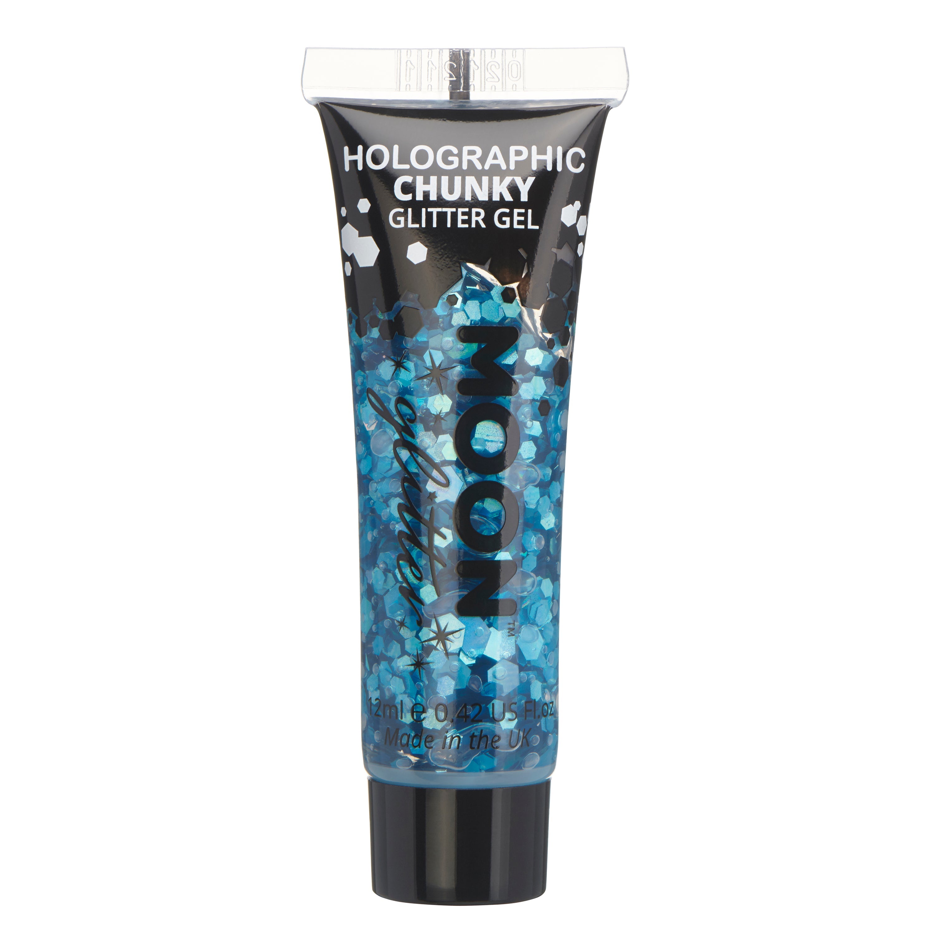 Blue - Holographic Chunky Face & Body Glitter Gel, 12mL. Cosmetically certified, FDA & Health Canada compliant, cruelty free and vegan.
