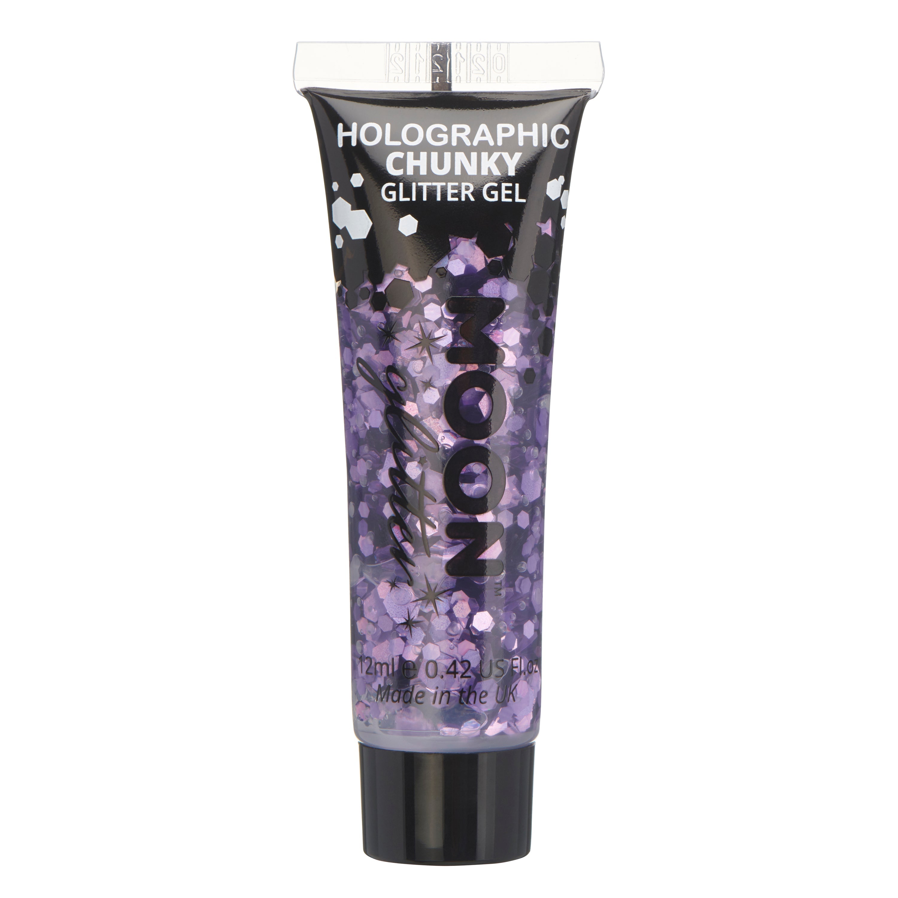 Purple - Holographic Chunky Face & Body Glitter Gel, 12mL. Cosmetically certified, FDA & Health Canada compliant, cruelty free and vegan.